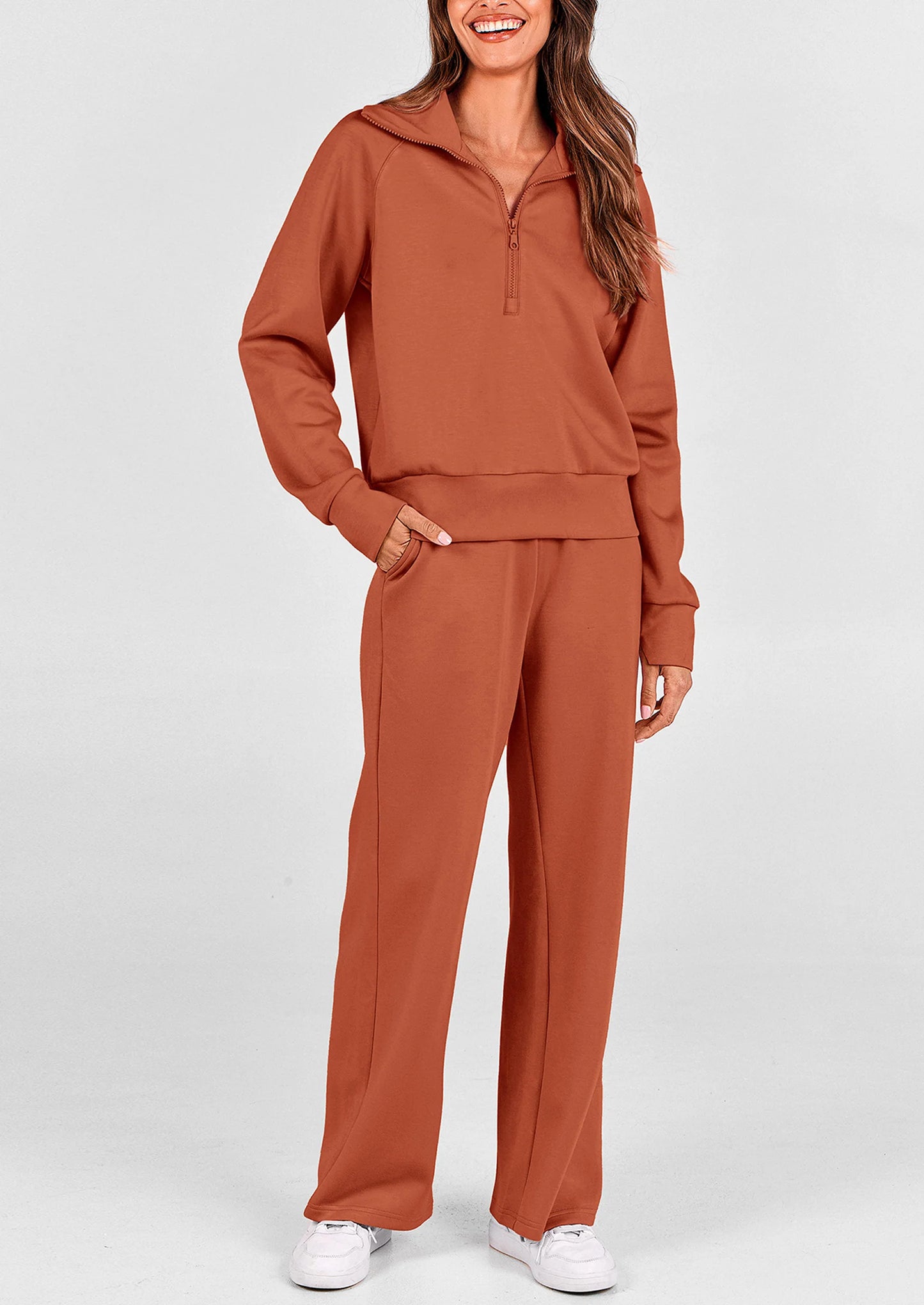Women's 2 Piece Outfits Casual Lapel Half Zip Sweatshirts And Wide Leg Pants Tracksuit Sets