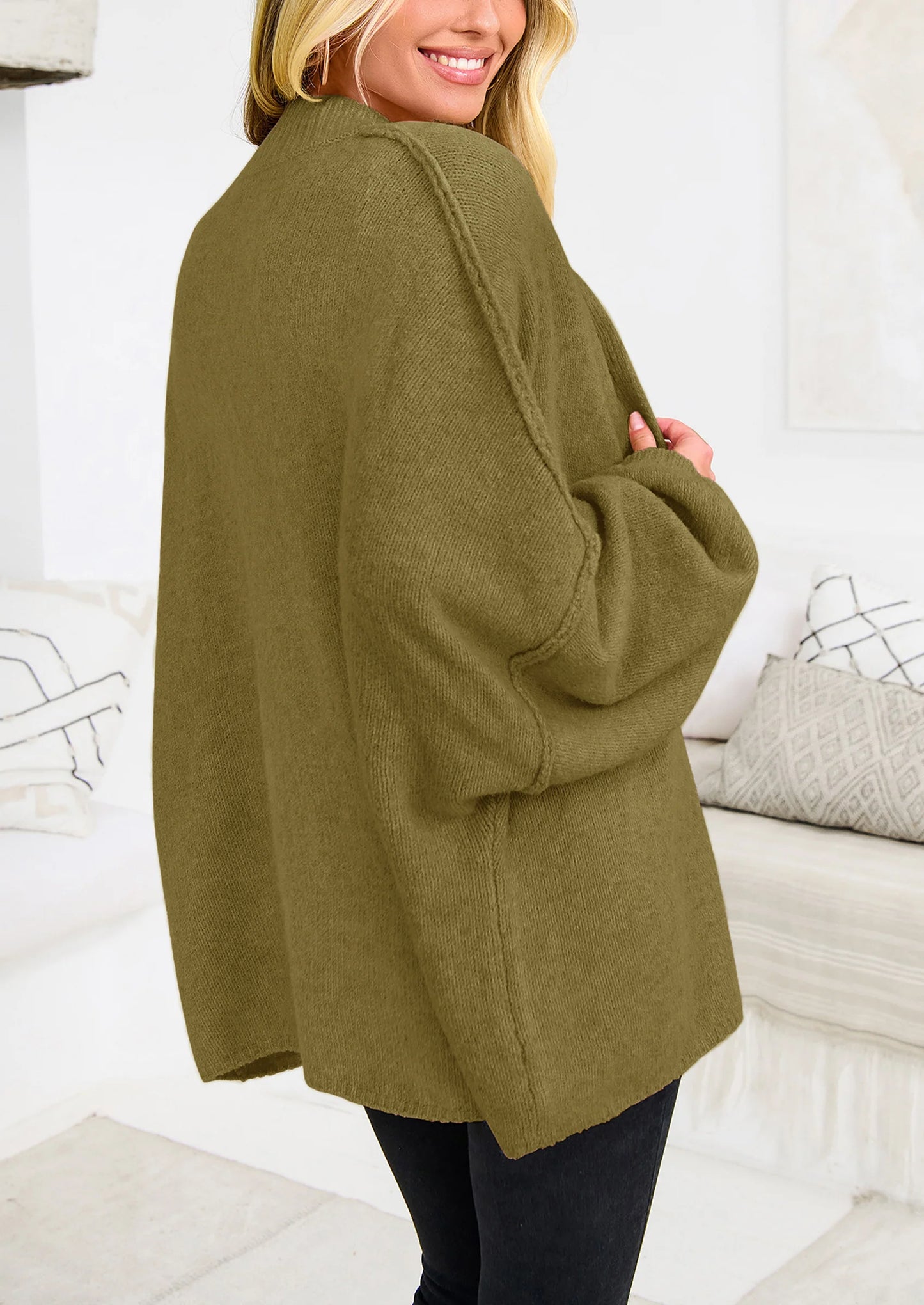 Women's Winter Button Down Cardigan Sweaters Mock Neck Lantern Long Sleeve Chunky Knit Jacket Trendy Outerwear