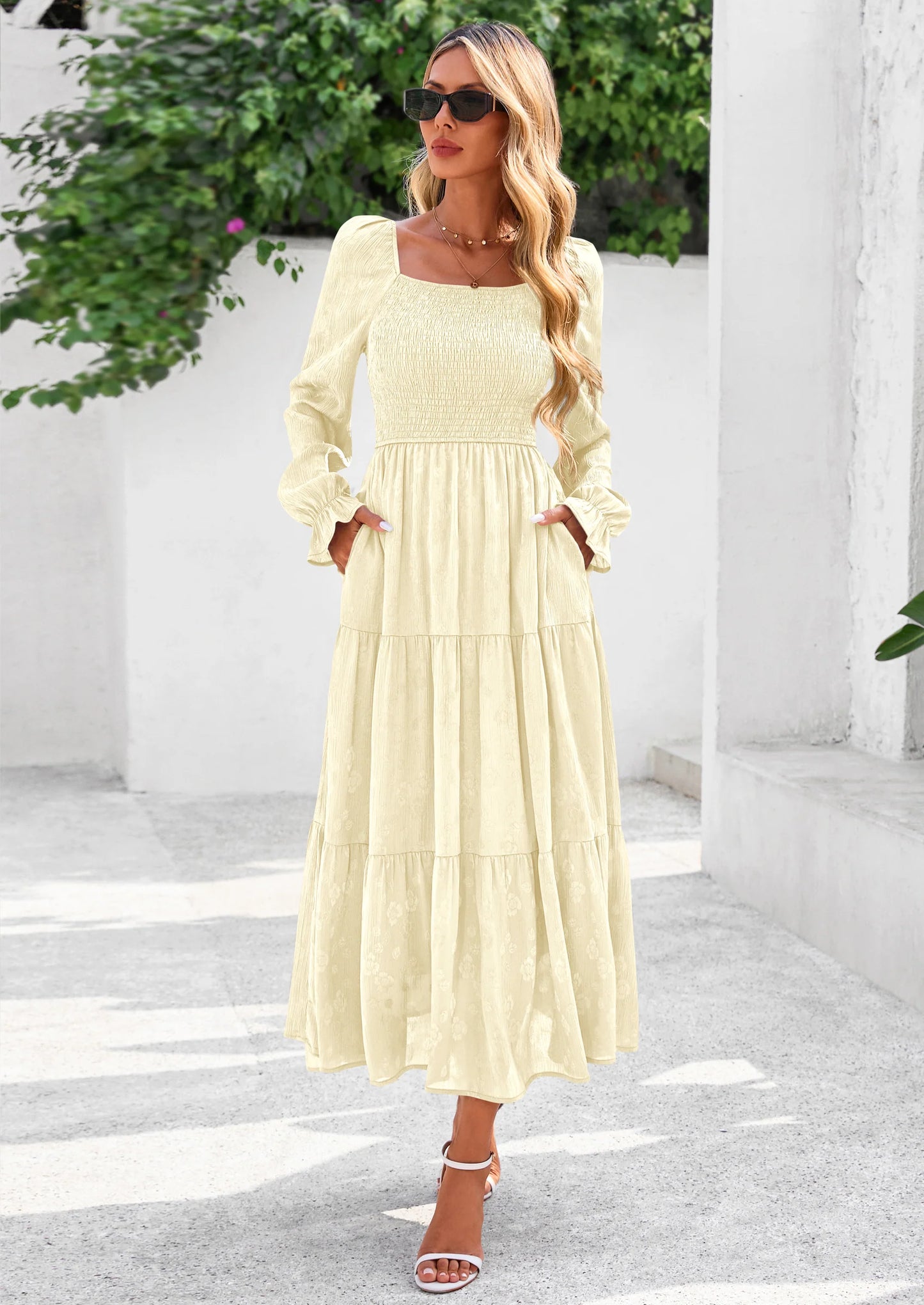 Fall Wedding Guest Dresses for Women Floral Long Sleeve Smocked Tiered Elegant Long Flowy Boho Dress