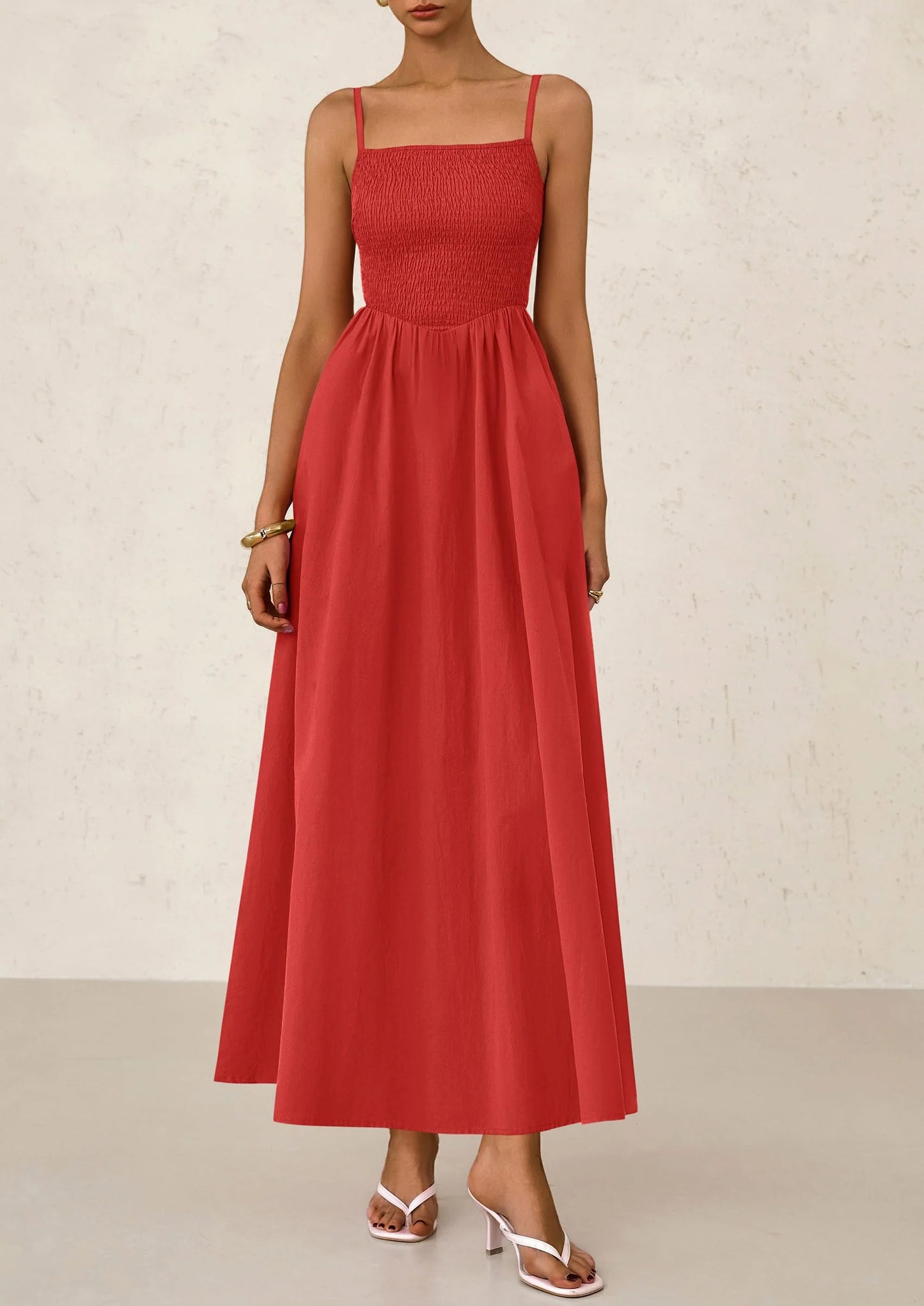 Women's Smocked Maxi Dresses Beach Sundress Casual Spaghetti Strap Swing A Line Long Flowy Dress