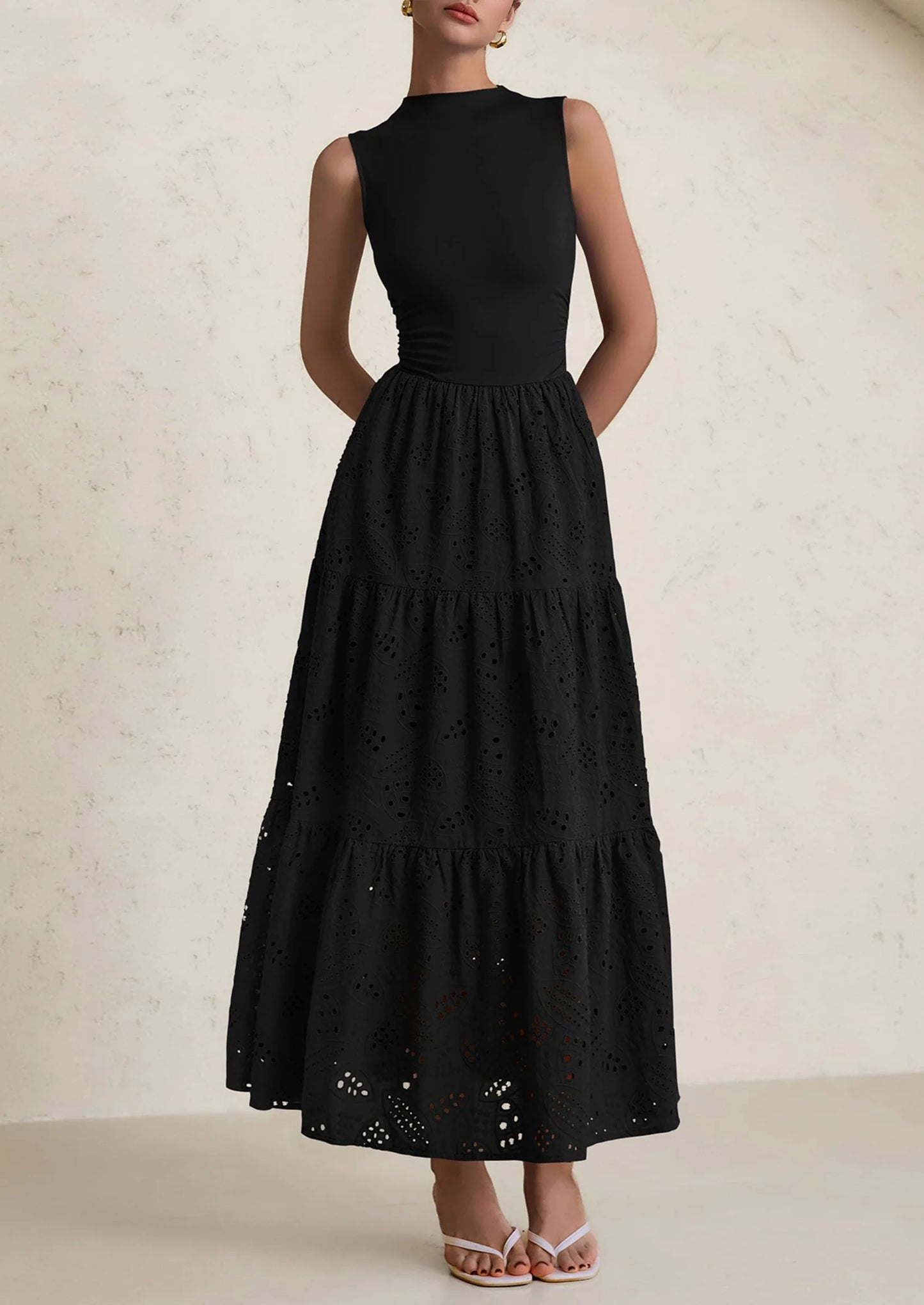 Dresses for Women Casual Eyelet Sleeveless Wedding Guest Maxi Dress Tank Top Sundress with Pockets