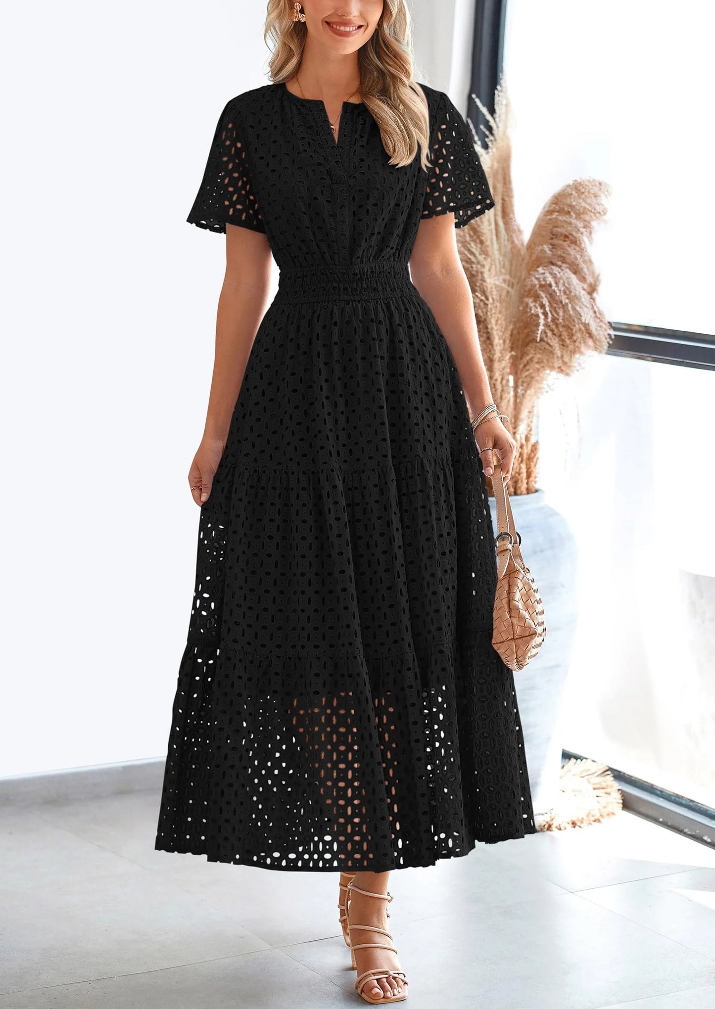 Womens Maxi Dress Short Sleeve V Neck Hollow Out Eyelet A Line Long Flowy Beach Vacation Dresses