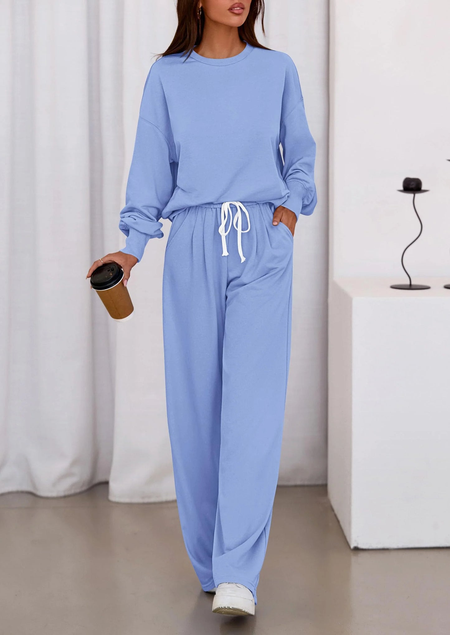 Womens 2 Piece Sets Long Sleeve Sweatshirt Wide Leg Pants Loose Matching Lounge Set Trendy Fall Outfits