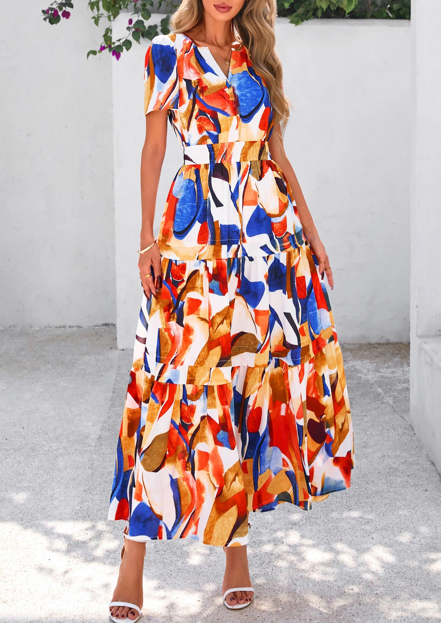 Women's Boho Maxi Dresses Floral Short Sleeve V Neck A Line Tiered Flowy Long Beach Vacation Dress