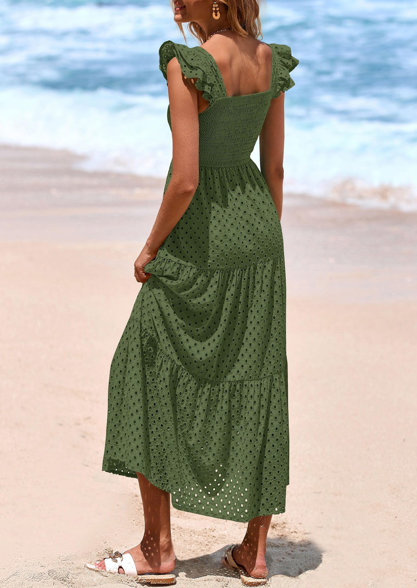 Womens Square Neck Maxi Dresses Cap Sleeve Eyelet Smocked Tiered A Line Flowy Long Dress with Pockets