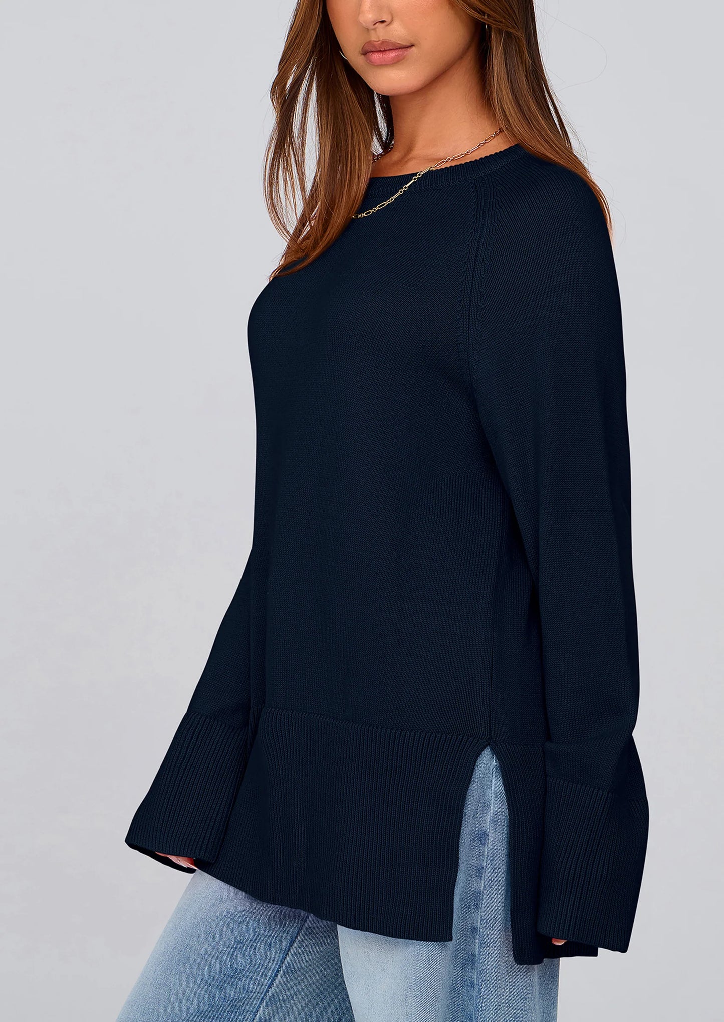 Women's Knit Fall Sweaters Long Sleeve Pullover Crewneck Split Hem Oversized Tunic Sweater Tops Winter Clothing
