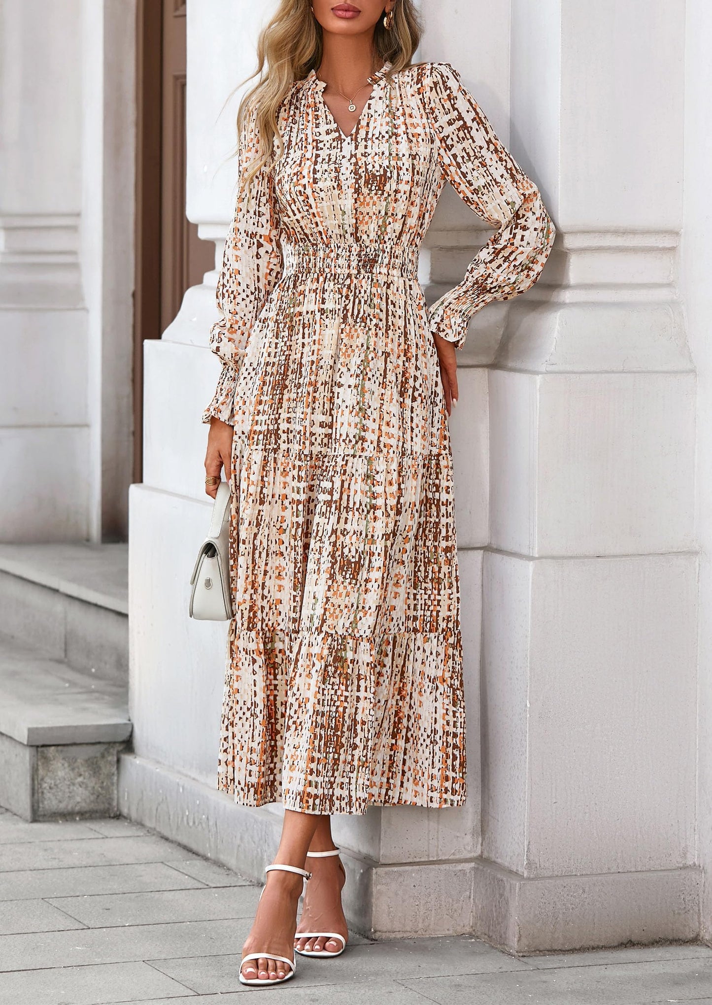 Women's Floral Maxi Dress Spring Long Sleeve V Neck Casual A Line Long Flowy Boho Party Dresses