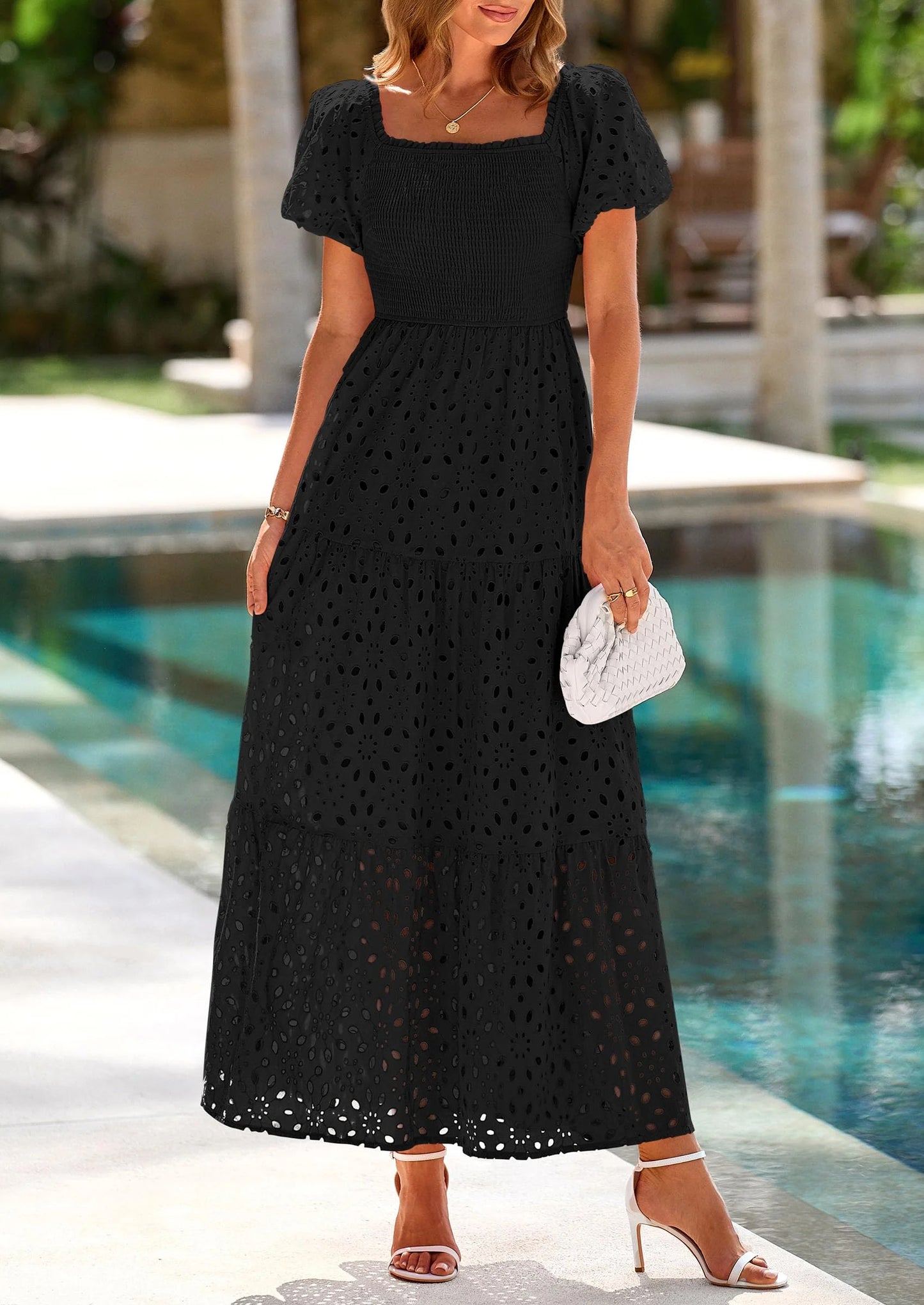 Dresses for Women Eyelet Square Neck Puff Sleeve Smocked Wedding Guest Maxi Dress with Pockets