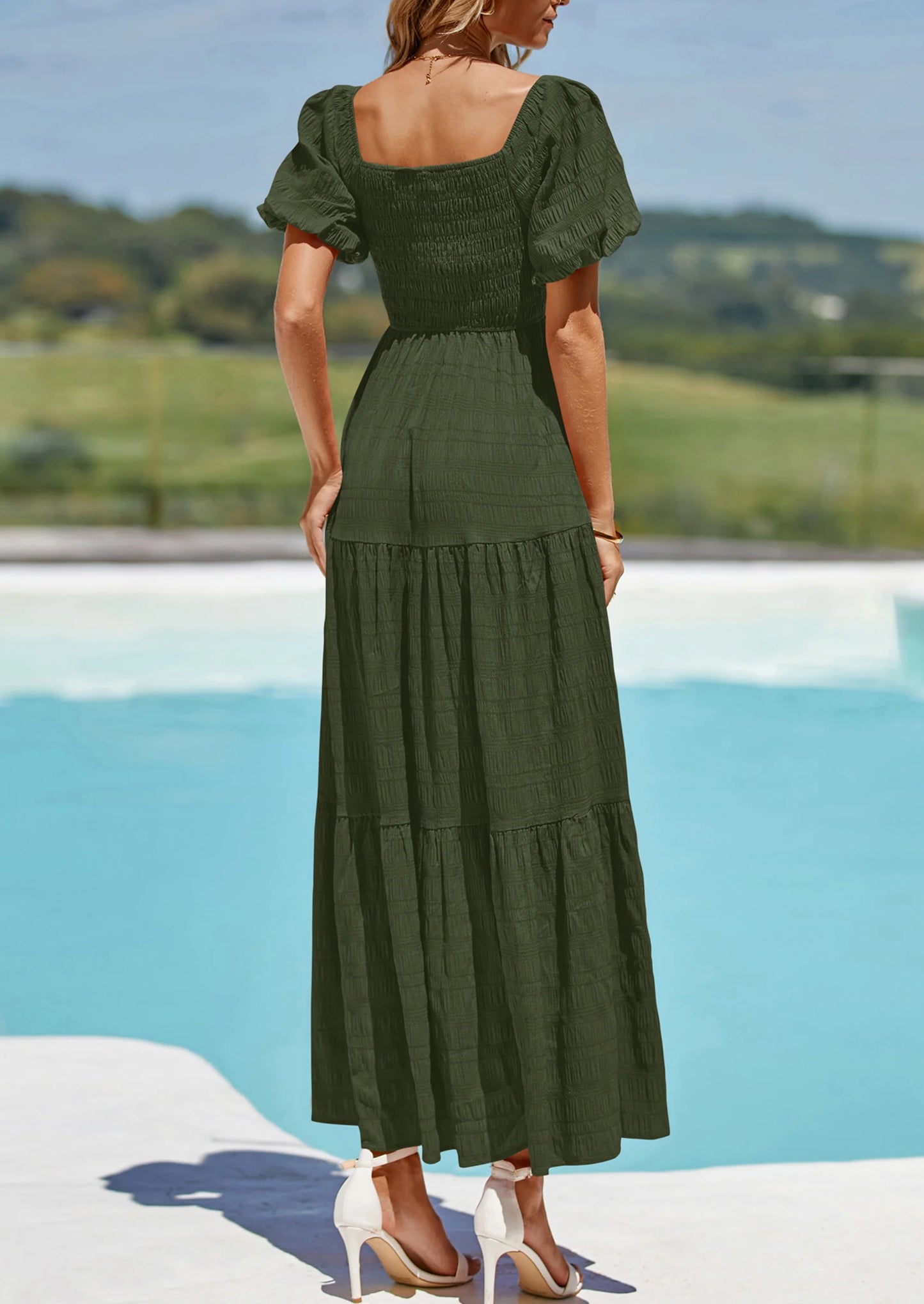 Womens Summer Puff Short Sleeve Maxi Dress Square Neck Smocked Tiered Ruffle A Line Long Flowy Beach Dresses