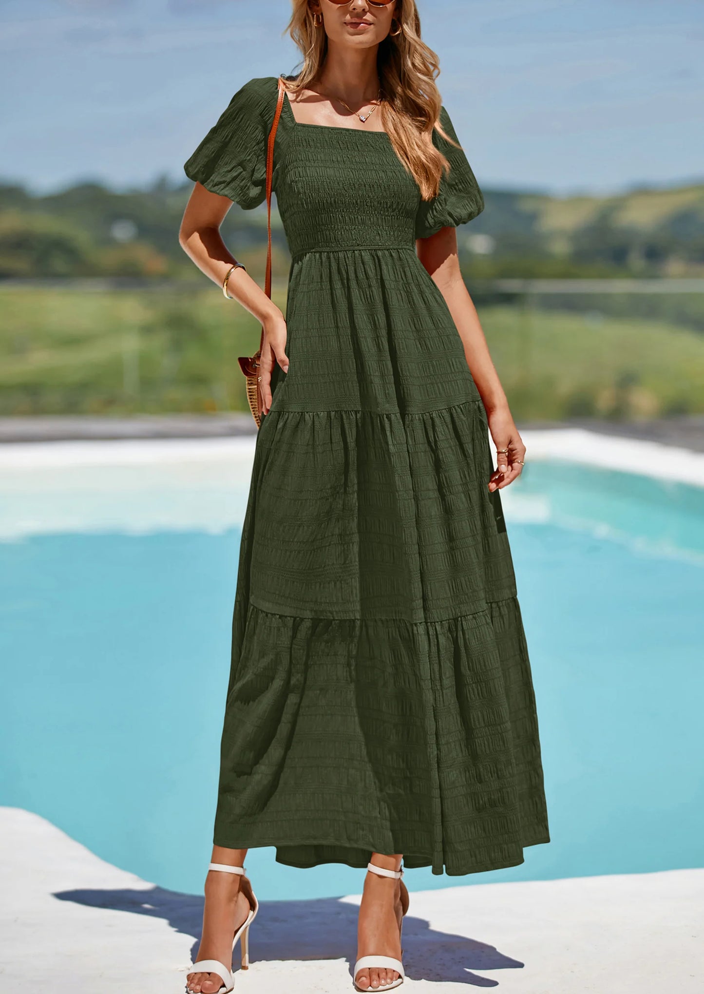 Womens Summer Puff Short Sleeve Maxi Dress Square Neck Smocked Tiered Ruffle A Line Long Flowy Beach Dresses