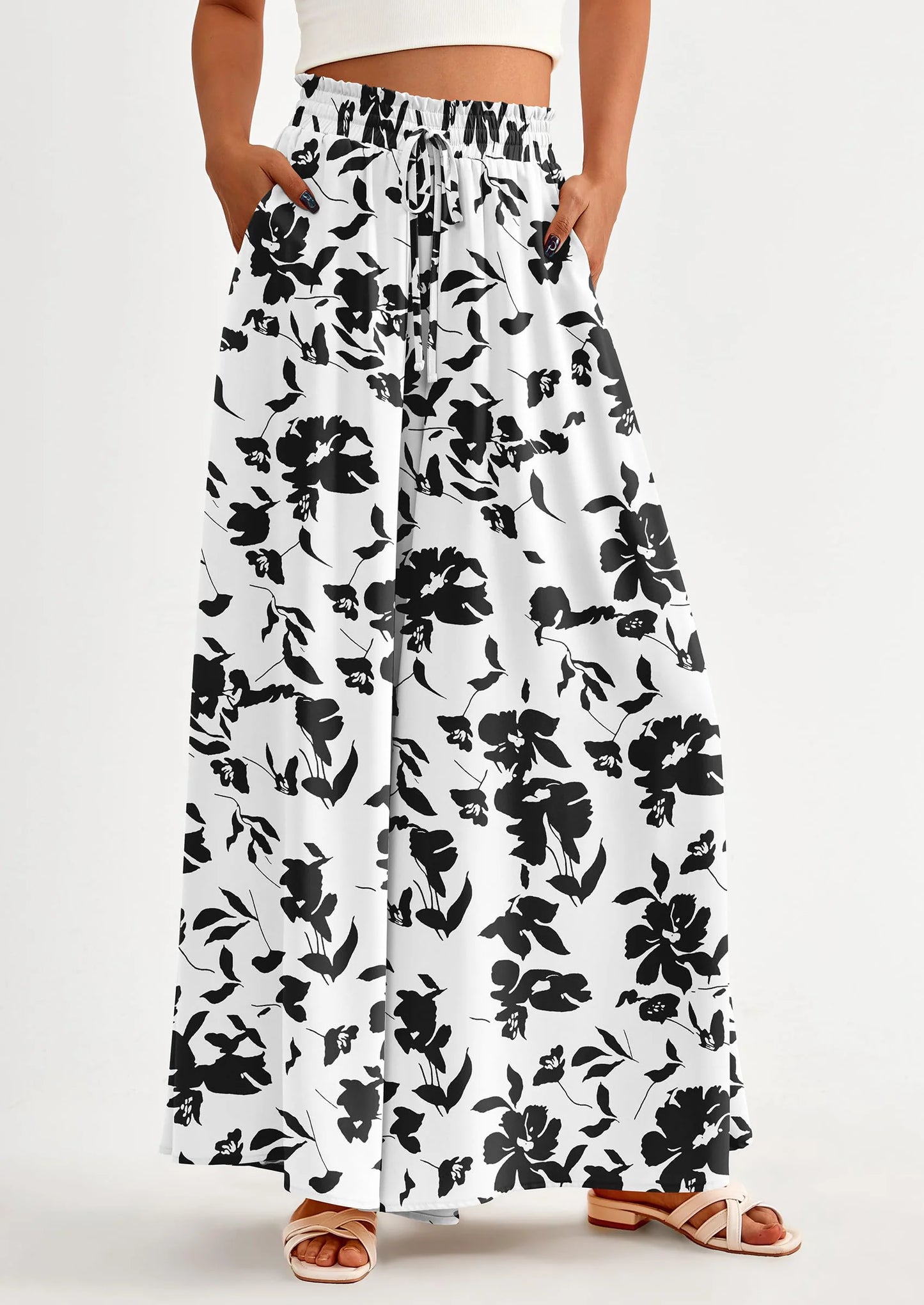 Women's Summer Wide Leg Palazzo Pants High Waisted Flowy Pockets Trendy Casual Lounge Boho Beach Trousers