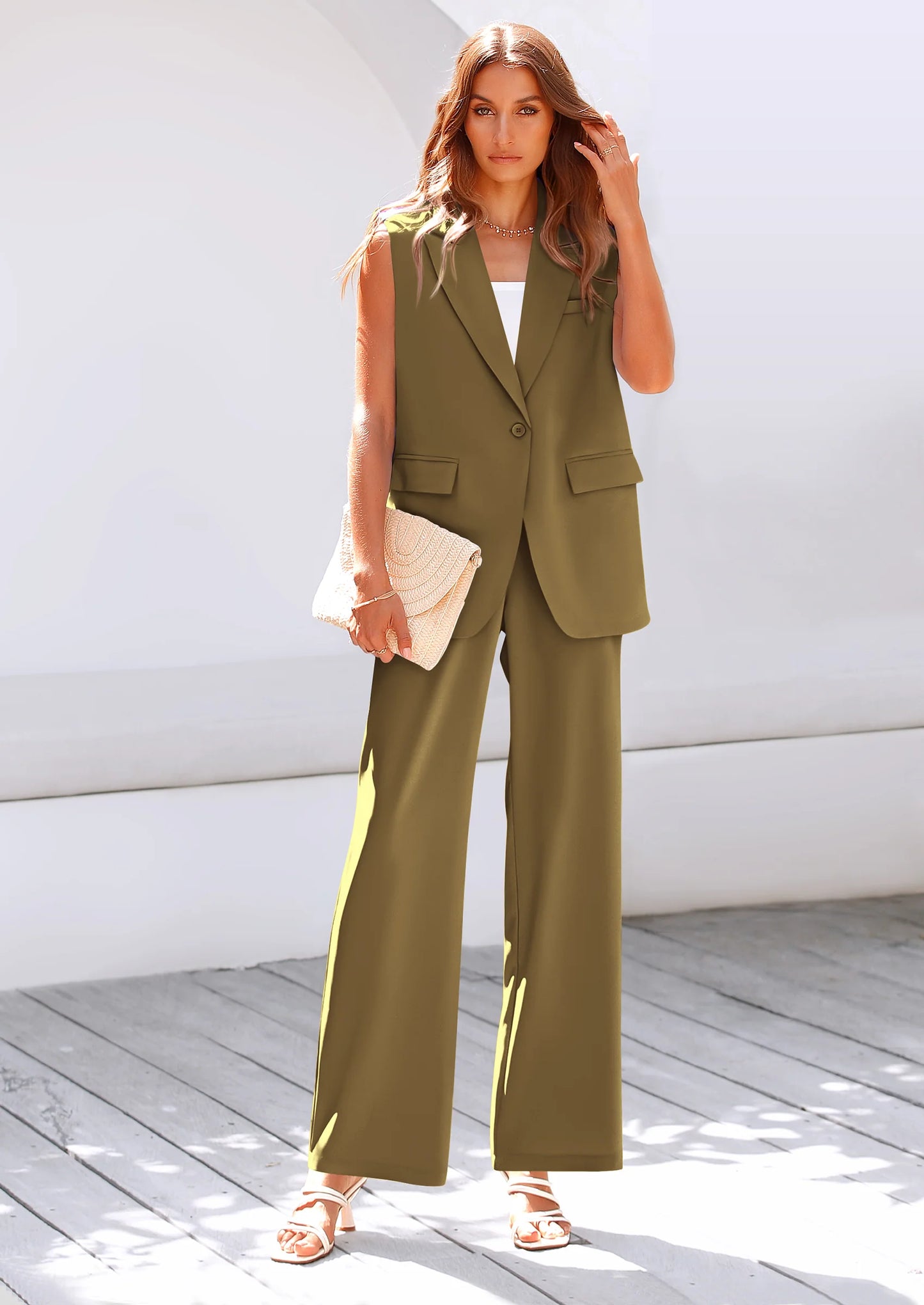 Women's 2 Piece Outfits Sleeveless Suit Vest and Wide Leg Pants Business Casual Blazer Sets