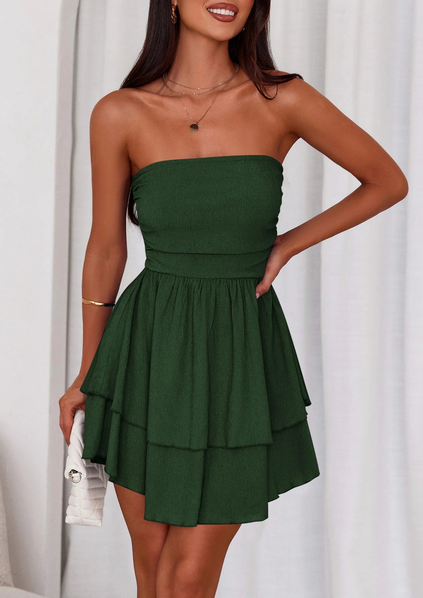 Women's Summer Strapless Tube Mini Dress Off Shoulder Smocked Ruffle A Line Flowy Short Party Club Dresses