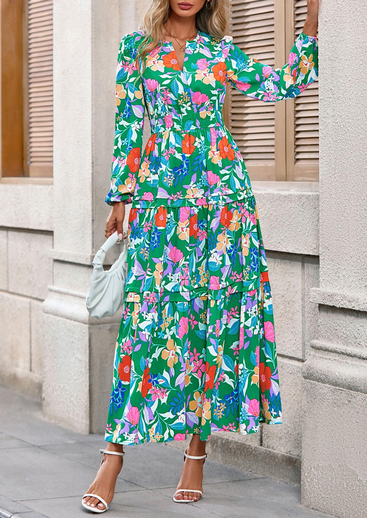 Women's Fall Boho Maxi Dresses Floral Long Sleeve V Neck Flowy Elegant Wedding Guest Dress Vacation Outfits