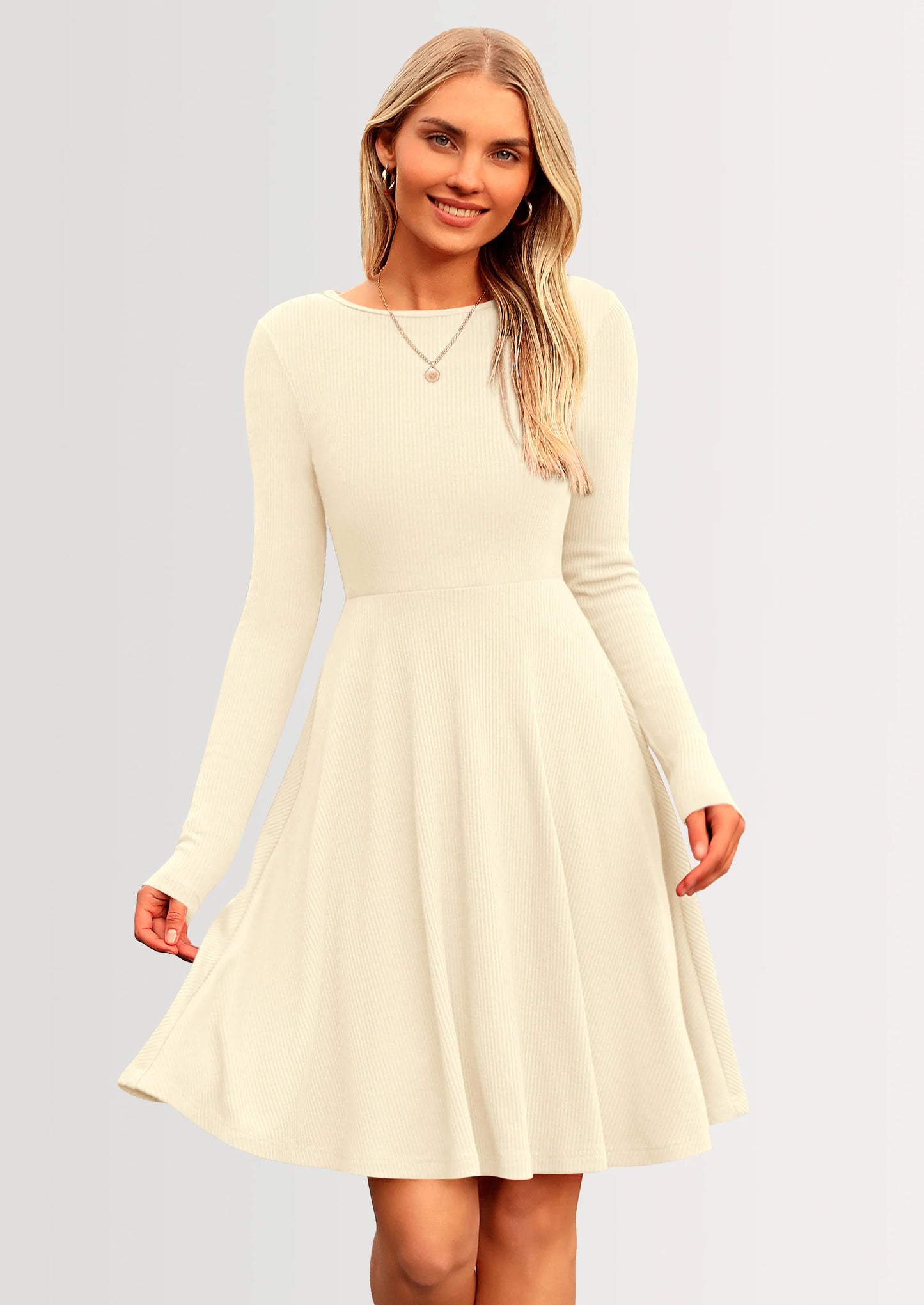 Women's Spring Fall Short Dress Ribbed Knit Crewneck Long Sleeve A Line Flowy Casual Elegant Going Out Dresses