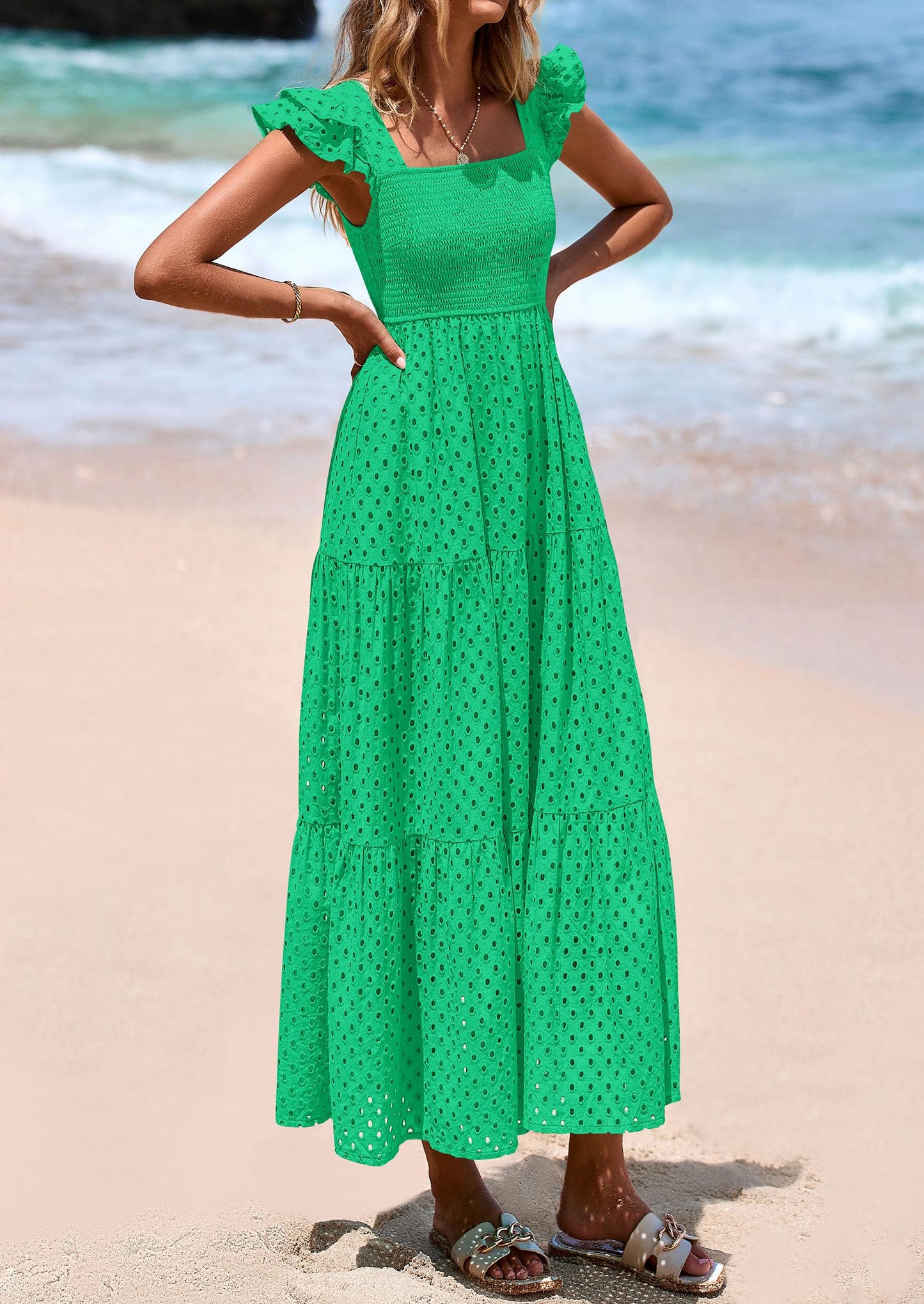 Womens Square Neck Maxi Dresses Cap Sleeve Eyelet Smocked Tiered A Line Flowy Long Dress with Pockets