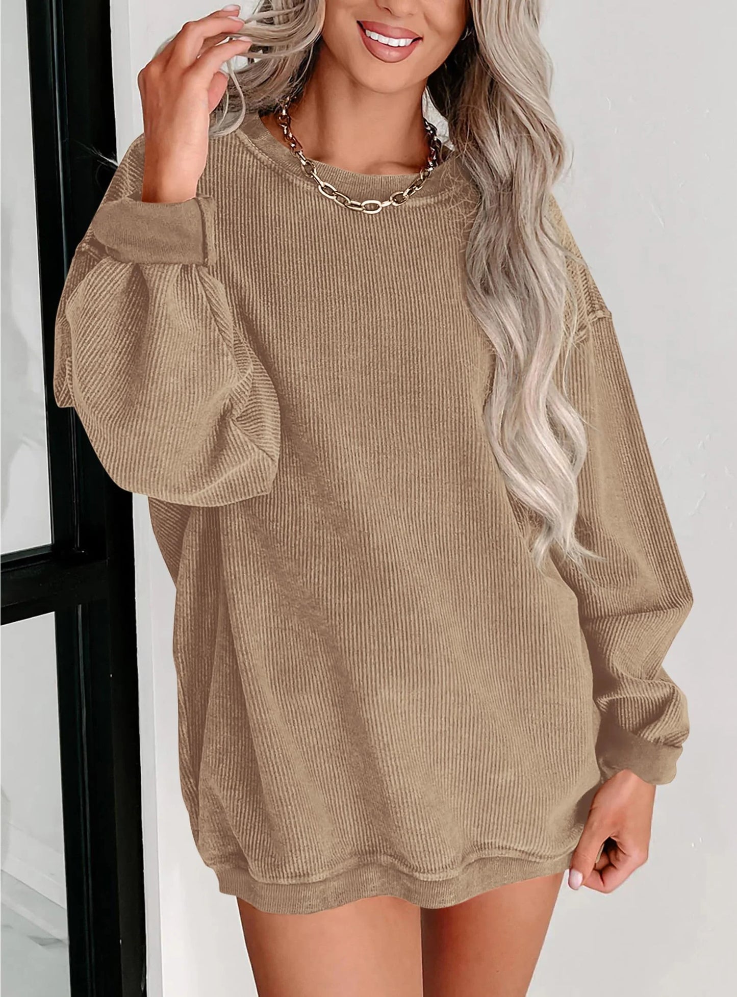 Women's Oversized Sweatshirt 2025 Fall Fashion Clothes Ribbed Corduroy Long Sleeve Going Out Pullover Tops