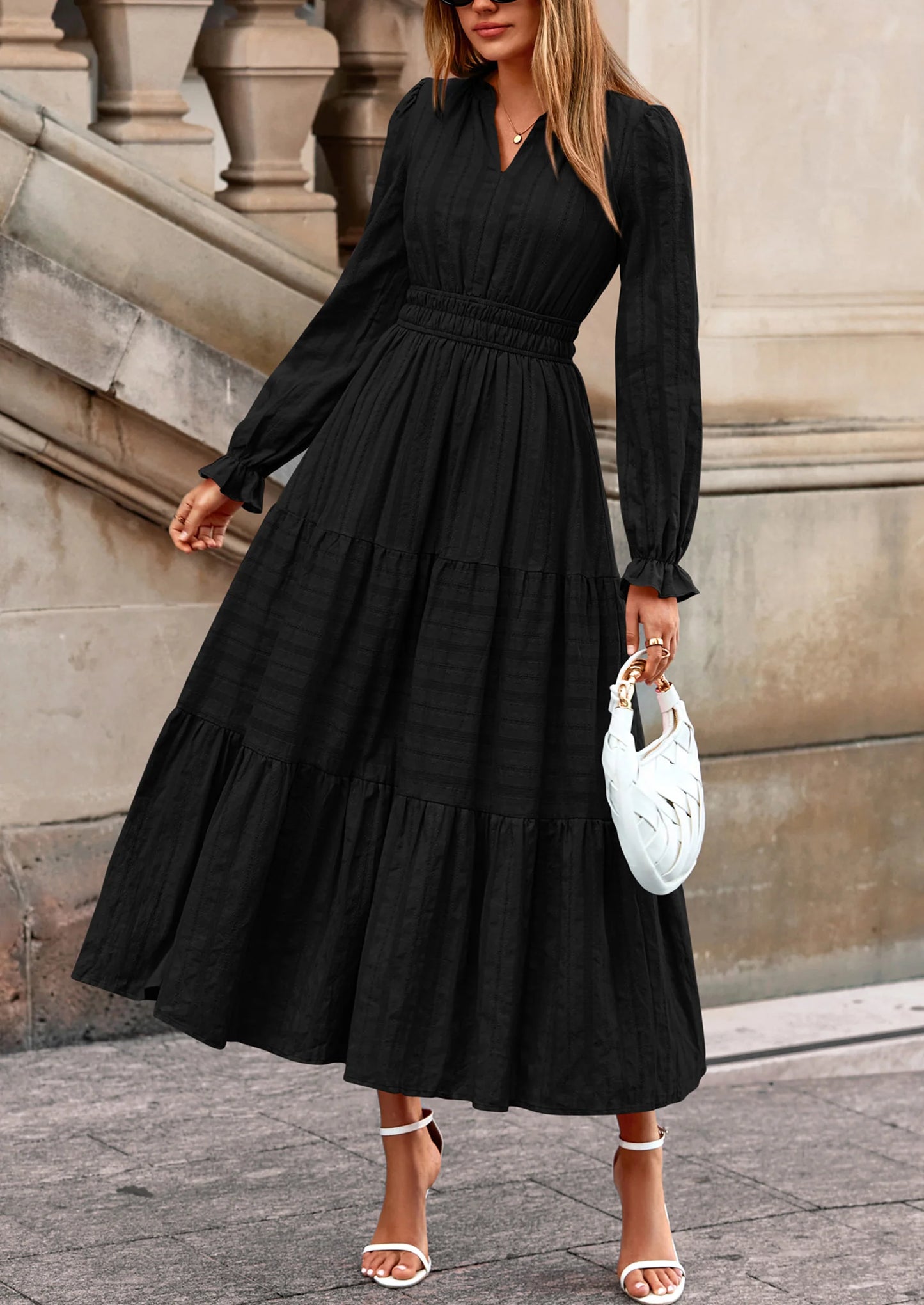 Women's Fall Wedding Guest Dresses Long Sleeve V Neck Flowy Elegant Holiday Party Maxi Dress with Pockets