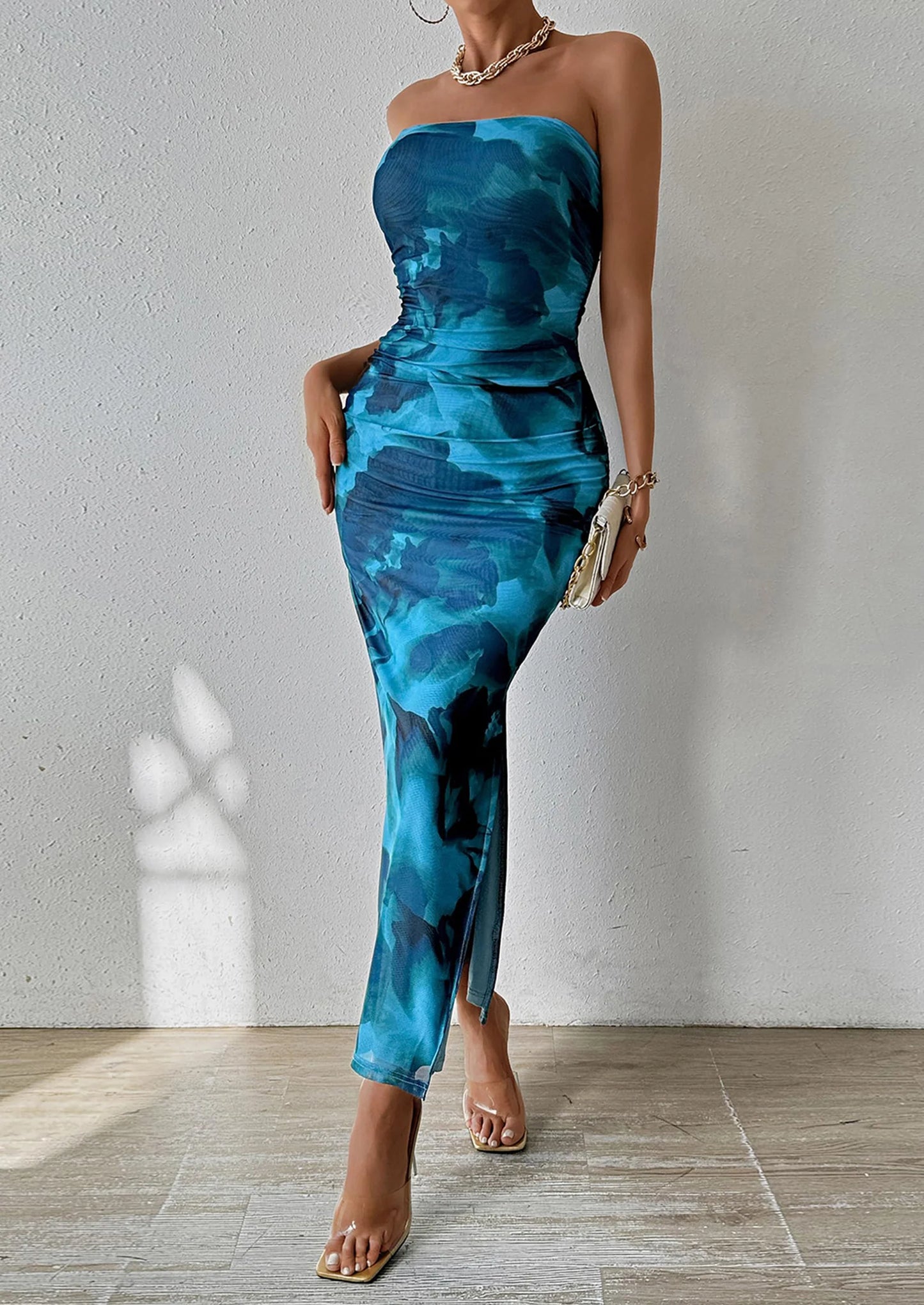 Women's Maxi Bodycon Dresses Strapless Tube Top Slit Floral Printed Party Club Long Dress