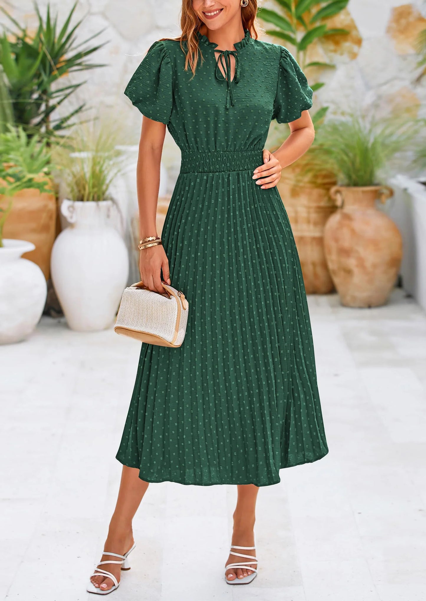 Womens Midi Dresses Puff Short Sleeve V Neck Swiss Dot Pleated A Line Flowy Long Wedding Guest Dress