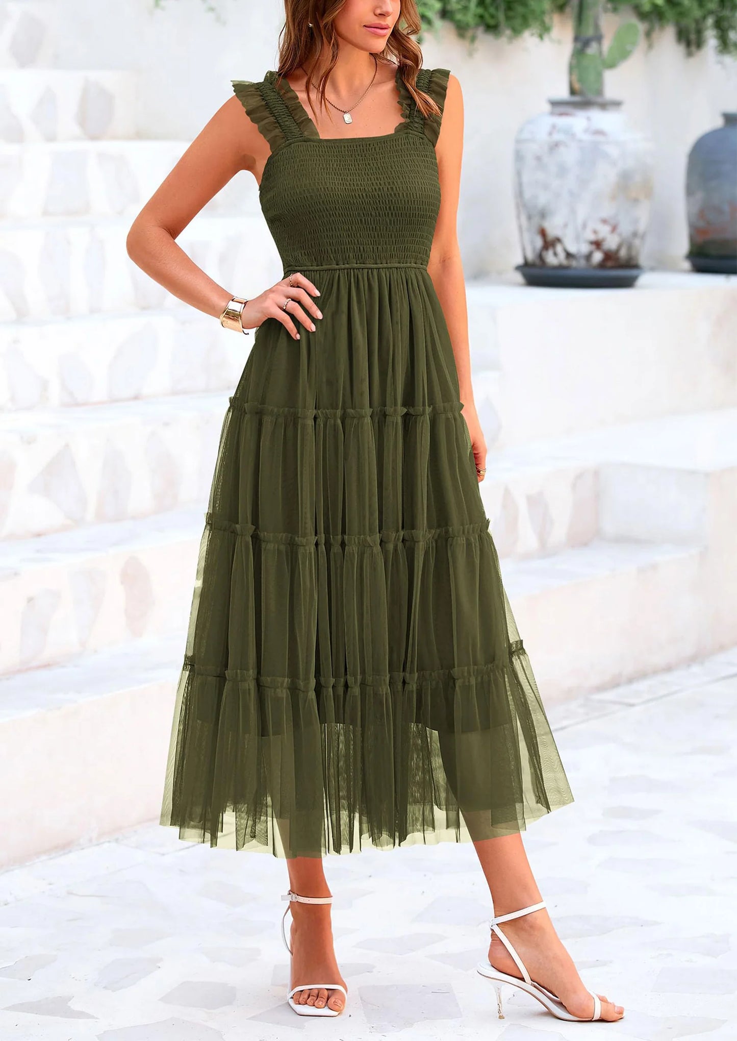 Women's Tulle Midi Dress Sleeveless Smocked Ruffle Mesh Flowy Dresses Party Wedding Guest Sundress