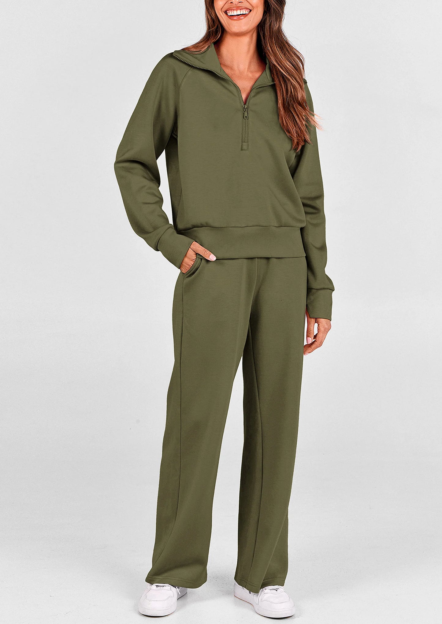 Women's 2 Piece Outfits Casual Lapel Half Zip Sweatshirts And Wide Leg Pants Tracksuit Sets