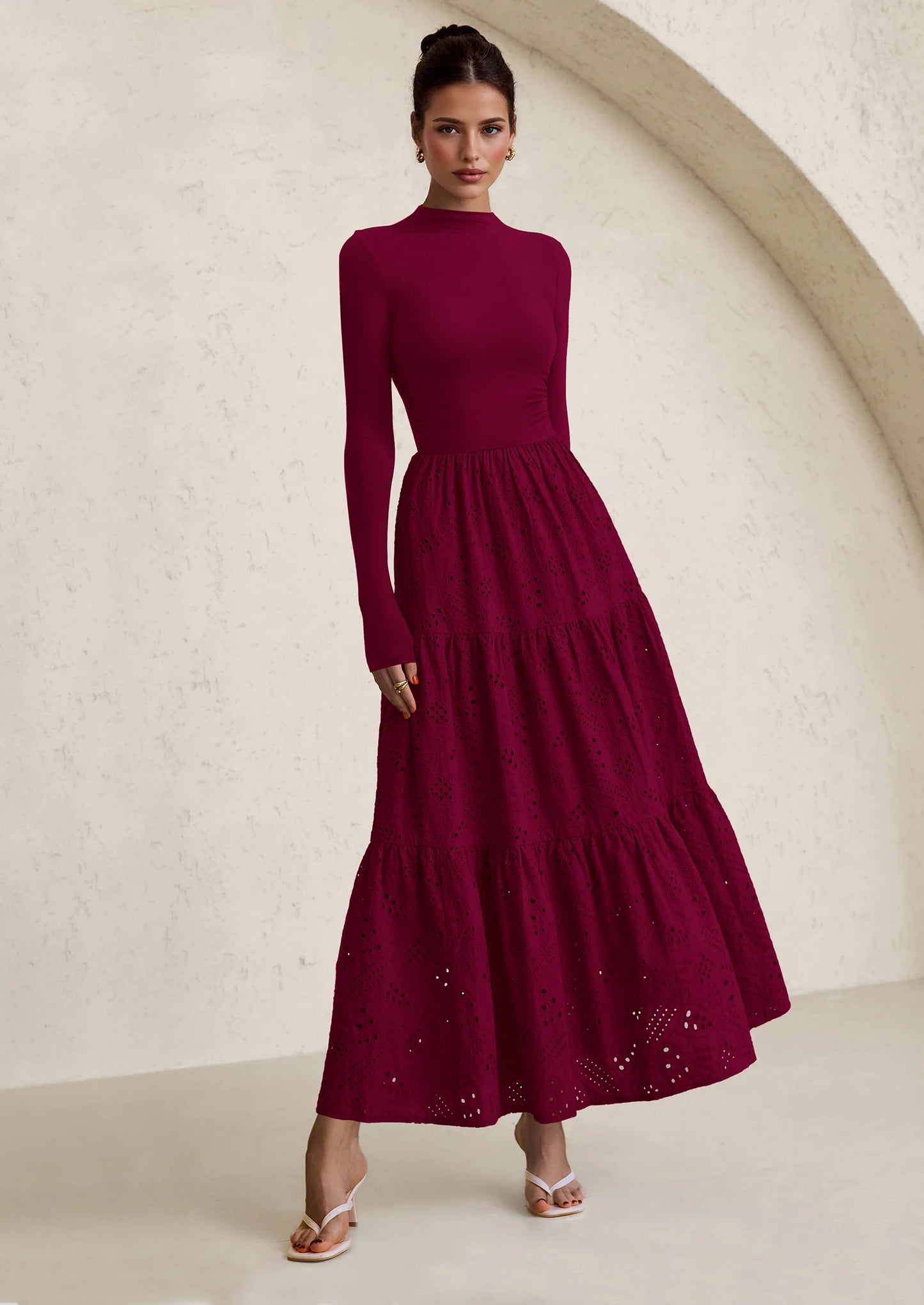 Long Sleeve Dress for Women Fall Eyelet Mock Neck A Line Elegant Classy Maxi Wedding Guest Dresses Pockets