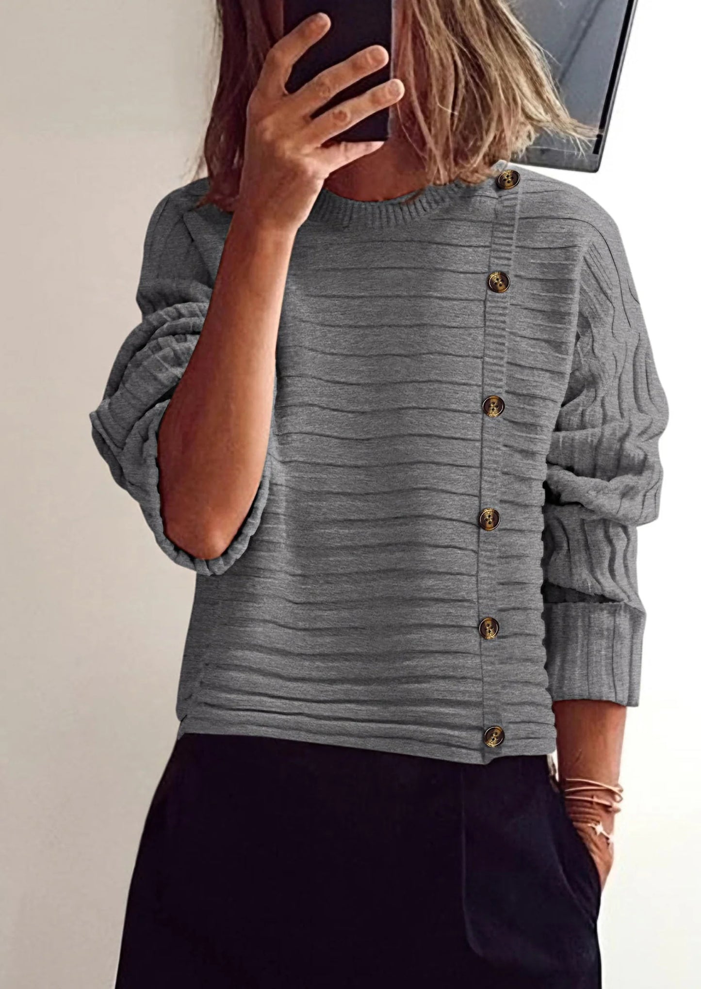 Womens Sweaters Fall Casual Long Sleeve Crewneck Button Loose Winter Knit Pullover Sweater Tops