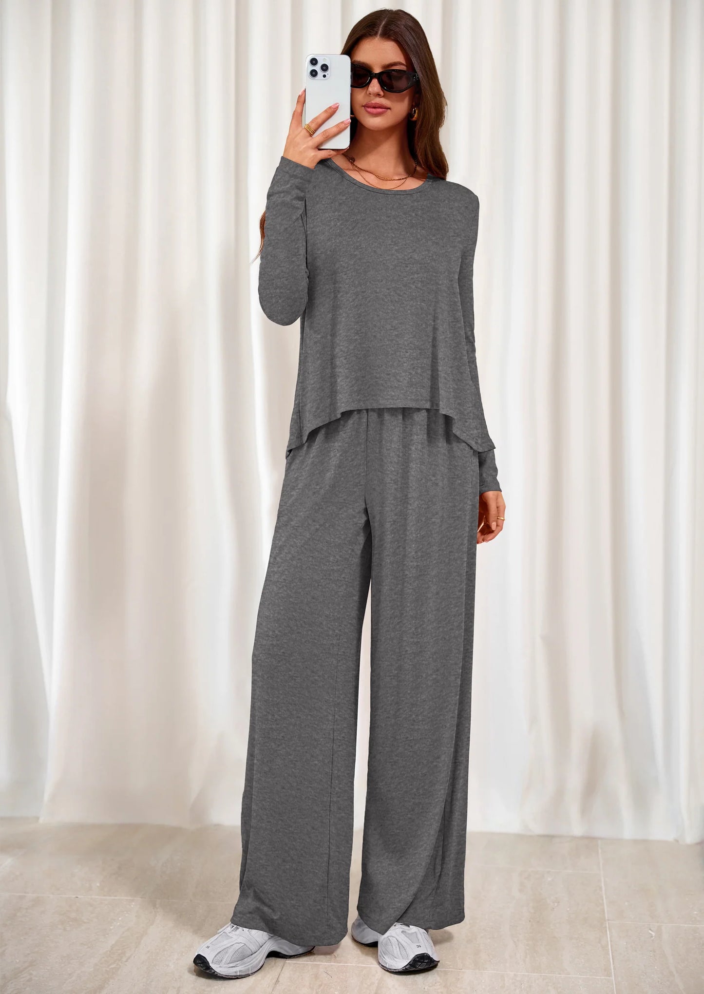 Women's 2 Piece Fall Sets  Casual Long Sleeve Shirts Wide Leg Pants Lounge Travel Outfits Fashion Clothing
