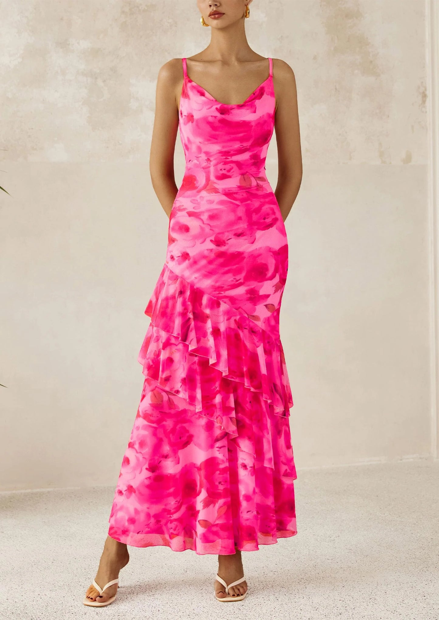 Maxi Dresses for Women Floral Beach Sundress Spaghetti Strap Tiered Wedding Guest Long Dress