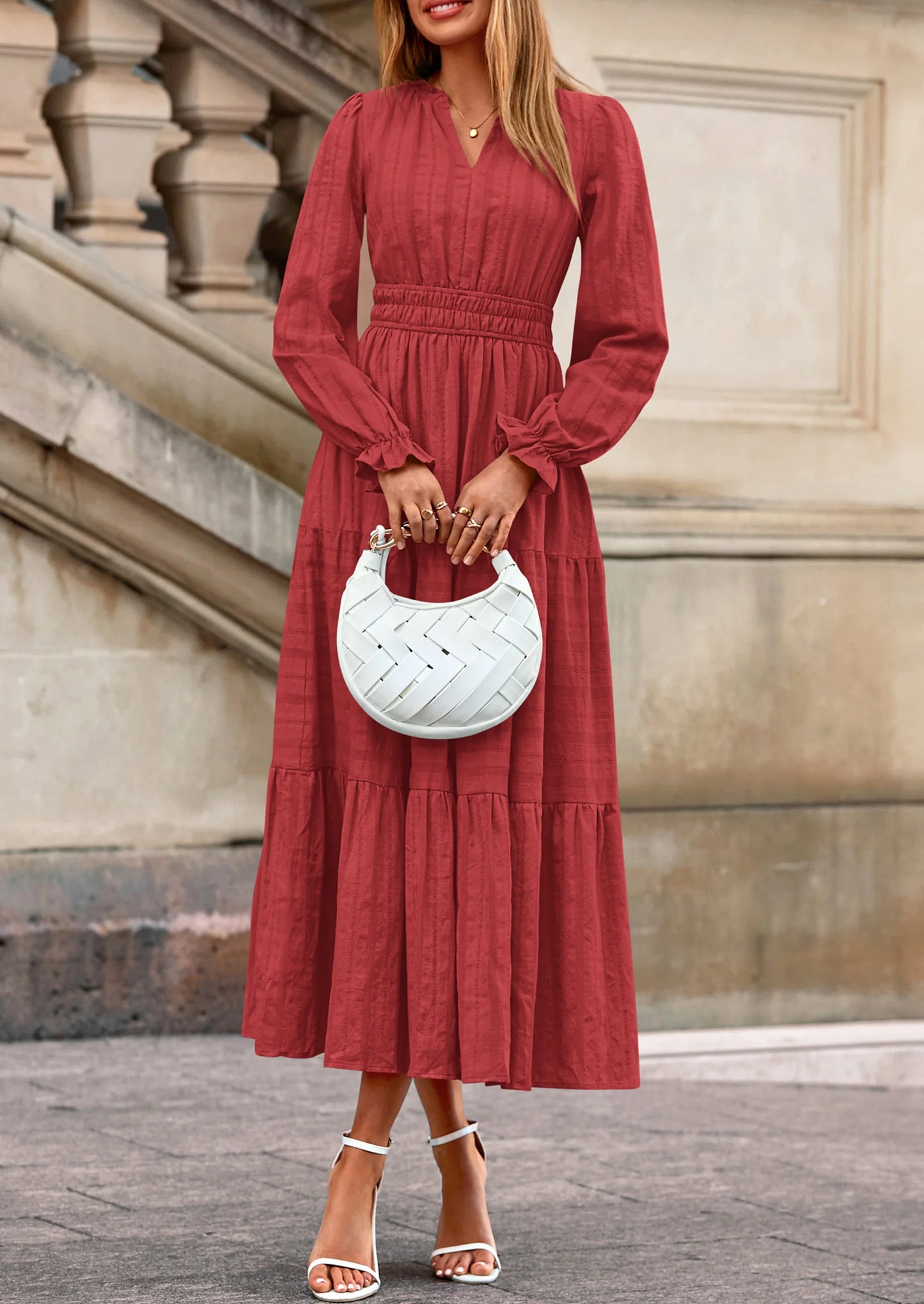 Women's Fall Wedding Guest Dresses Long Sleeve V Neck Flowy Elegant Holiday Party Maxi Dress with Pockets