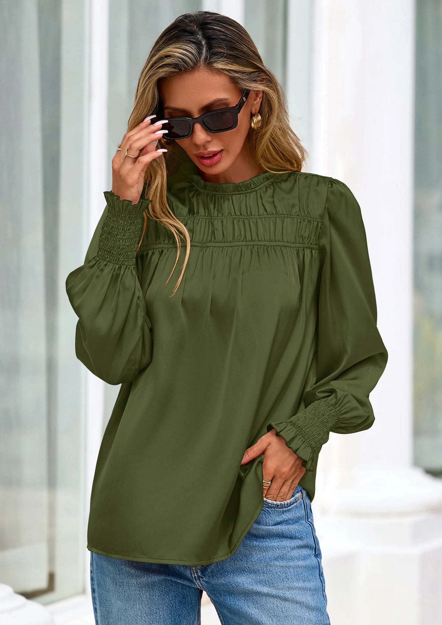 Blouses for Women Dressy Casual Fall Outfits Frill Neck Long Sleeve Shirts Satin Work Business Casual Tops