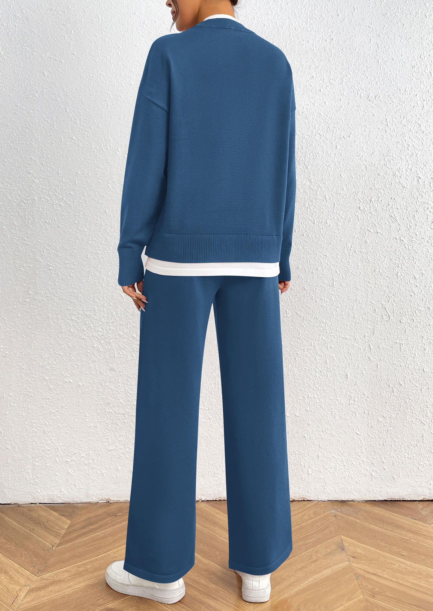Two Piece Matching Sweater Lounge Sets Knit Long Sleeve Pullover Tops Wide Leg Pants