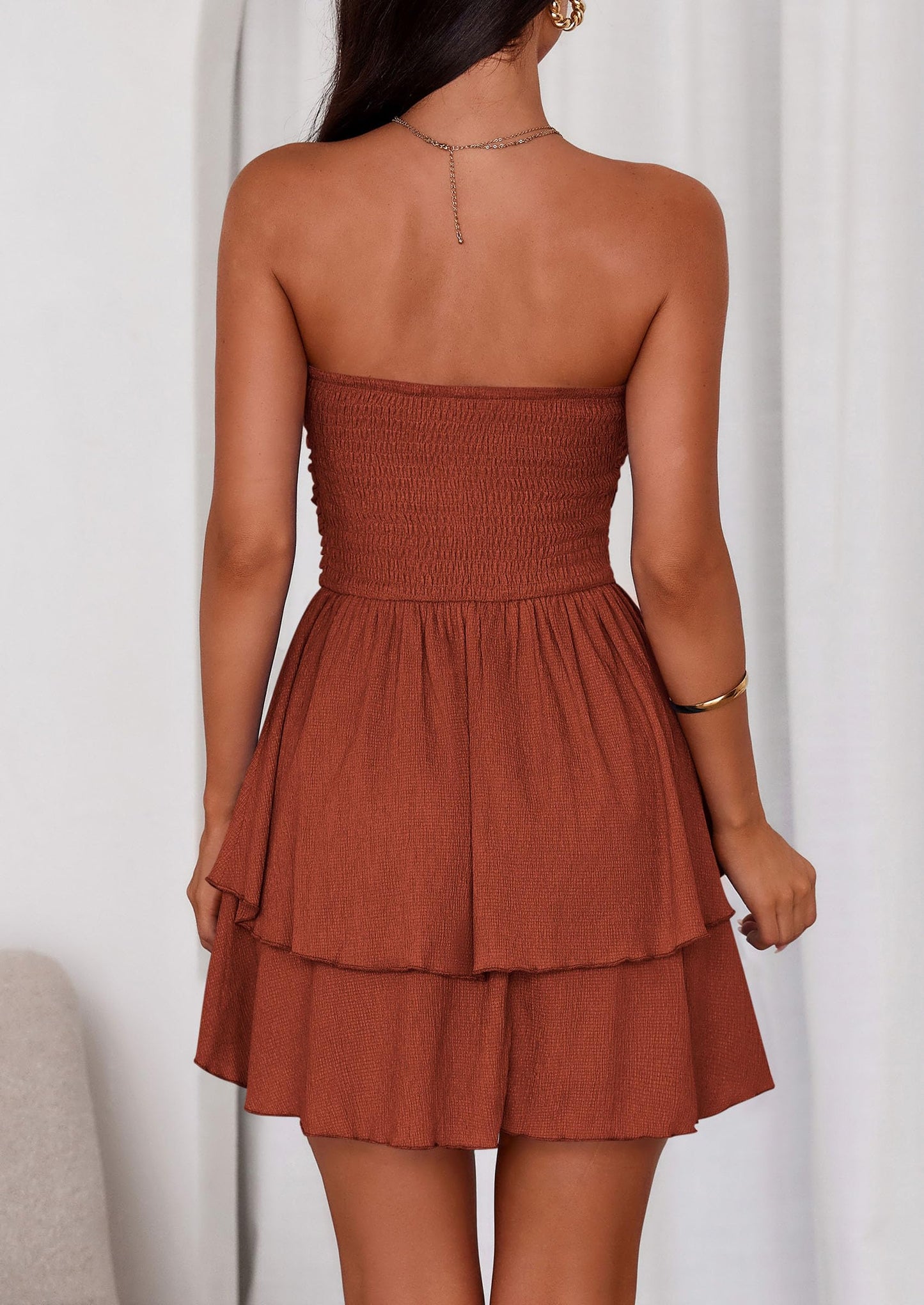 Women's Summer Strapless Tube Mini Dress Off Shoulder Smocked Ruffle A Line Flowy Short Party Club Dresses