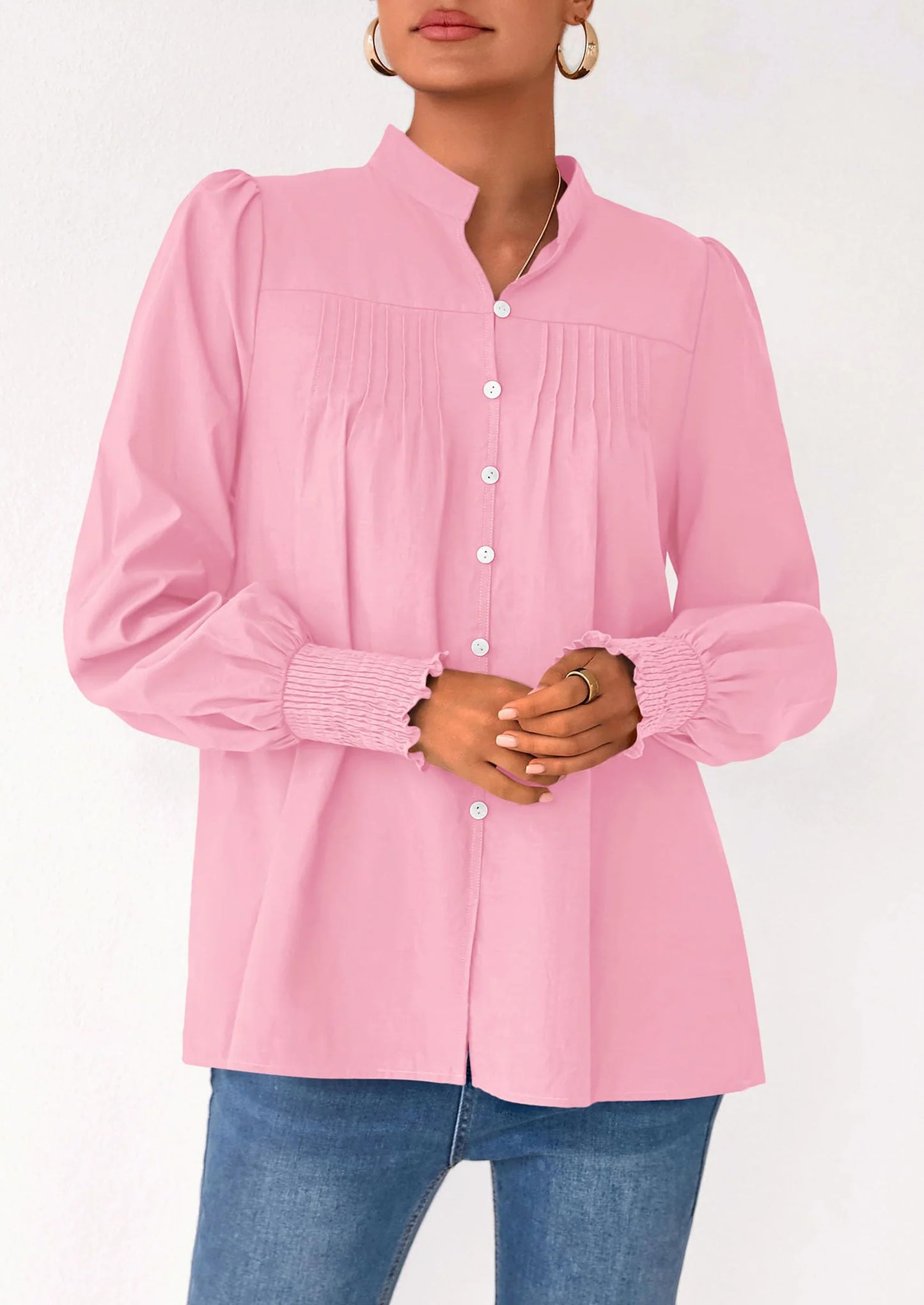 Womens Fall Lantern Long Sleeve Shirts Trendy Button V Neck Pleated Henley Tops Loose Work Blouses