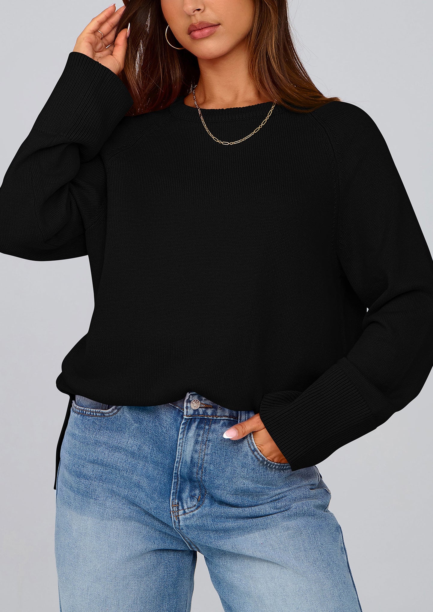 Women's Knit Fall Sweaters Long Sleeve Pullover Crewneck Split Hem Oversized Tunic Sweater Tops Winter Clothing