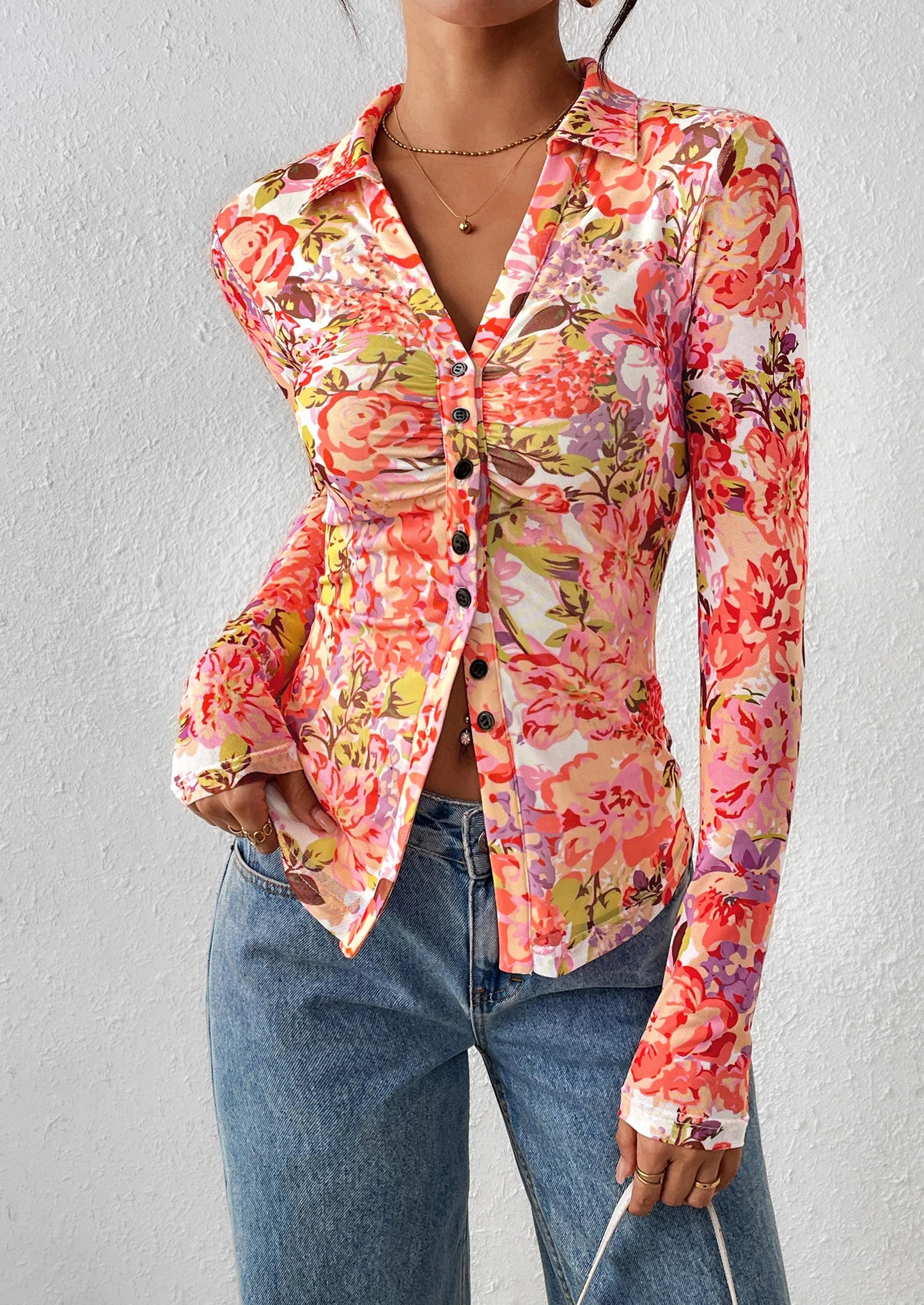 Women Button Down Floral Shirts Fall Trendy Long Sleeve V Neck Ruched Fitted Mesh Blouse Tops Date Outfits