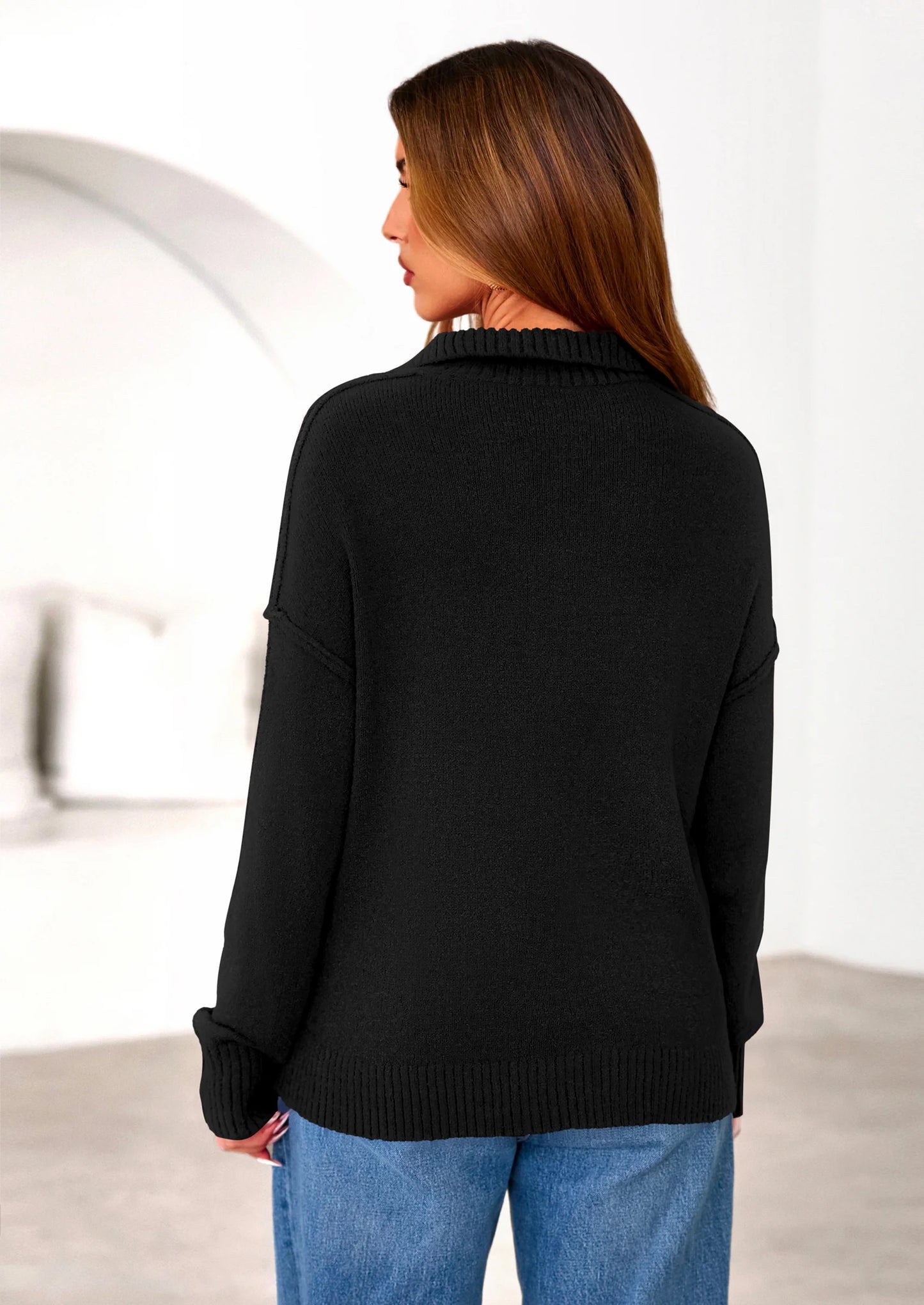 Womens Sweaters Quarter Zip Pullover Early Fall Fashion Long Sleeve V Neck Collared Knit Winter Jumper Tops