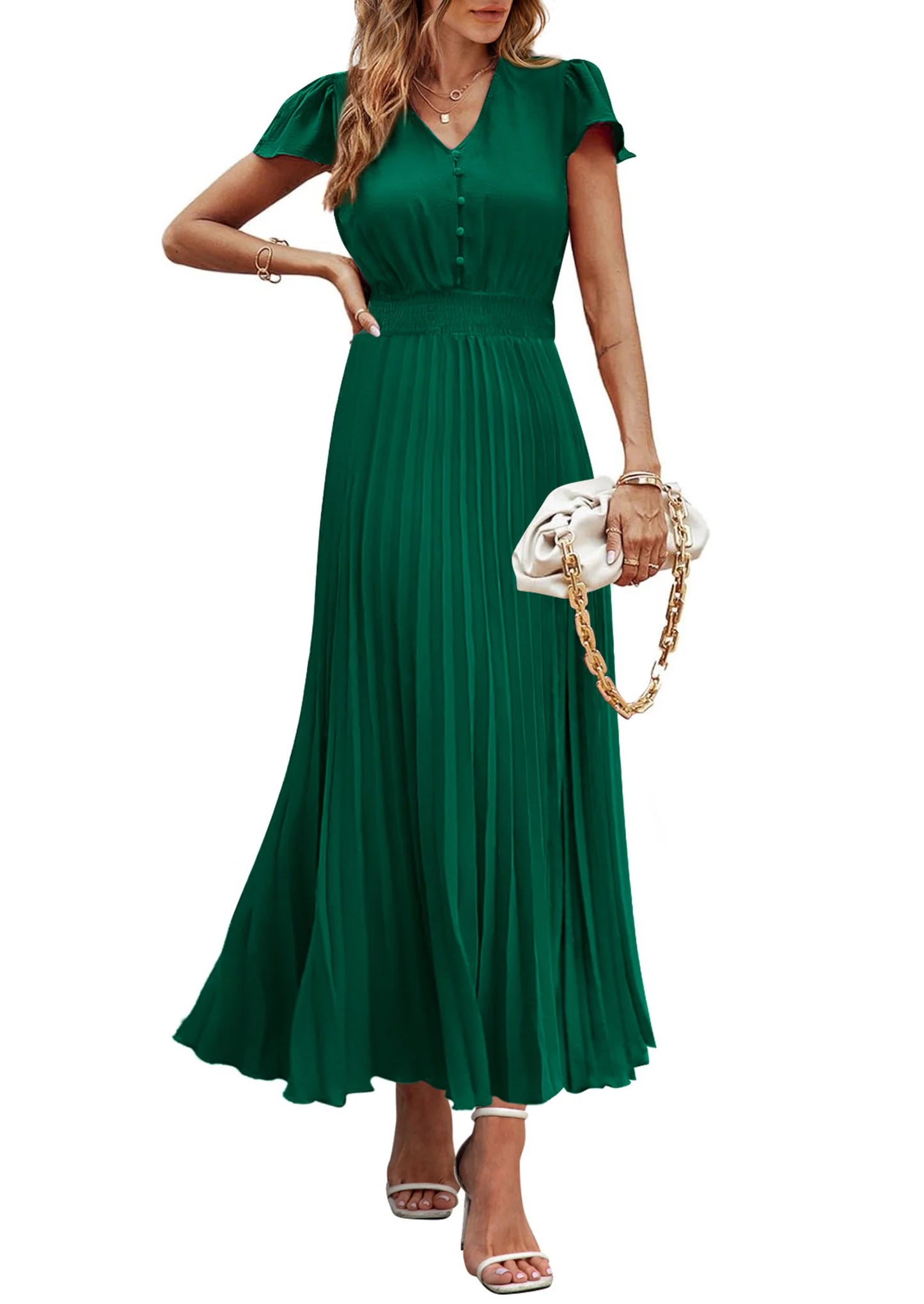 Women's Maxi Dresses Summer Trendy Cap Short Sleeve Button V Neck Casual Flowy Pleated Long Dress