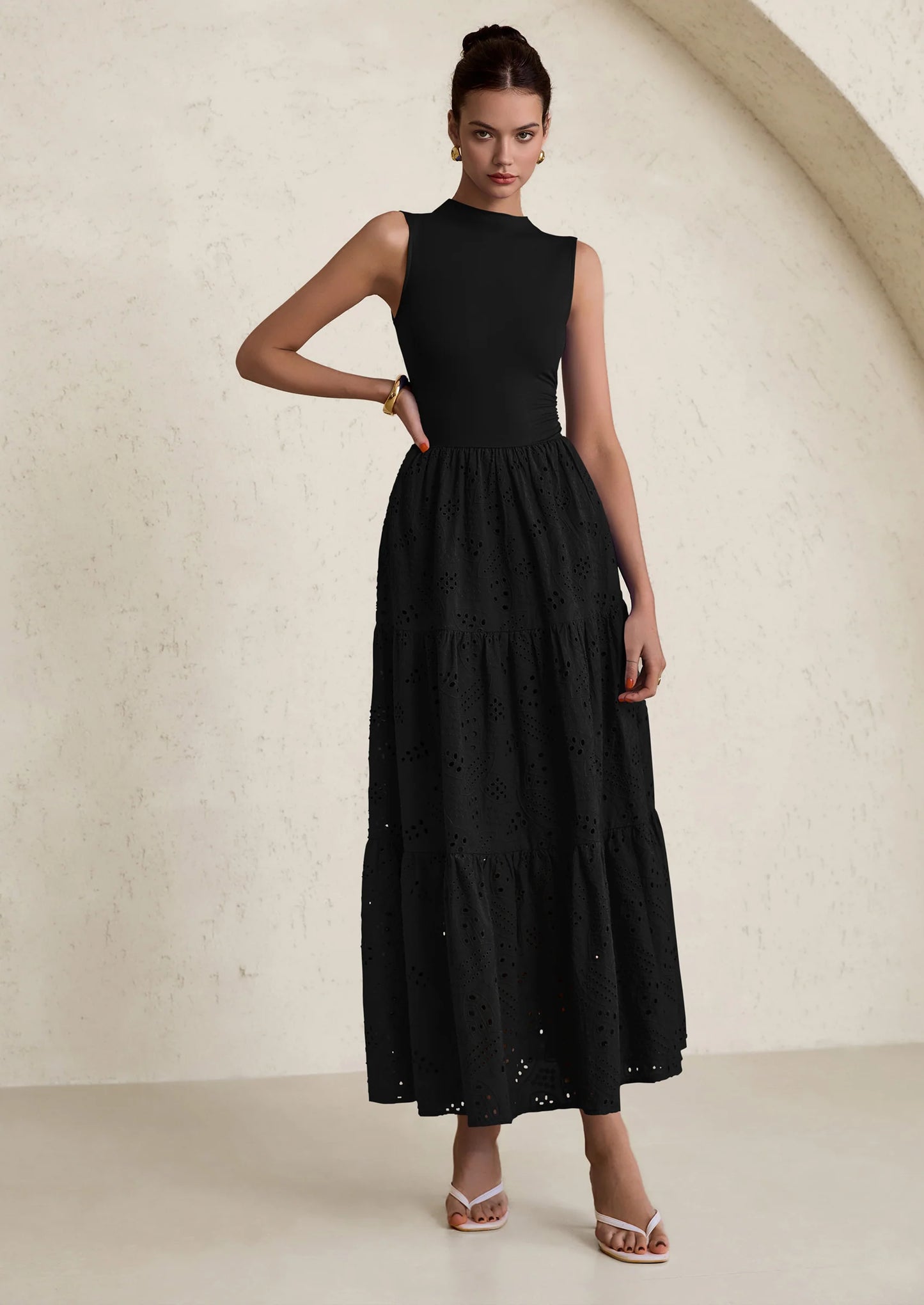 Dresses for Women Casual Eyelet Sleeveless Wedding Guest Maxi Dress Tank Top Sundress with Pockets