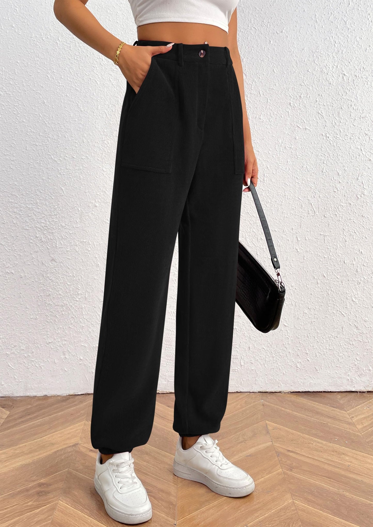 Women's Pants Dressy Casual Fall Elastic High Waisted Work Office Corduroy Trouser Slacks with Pockets