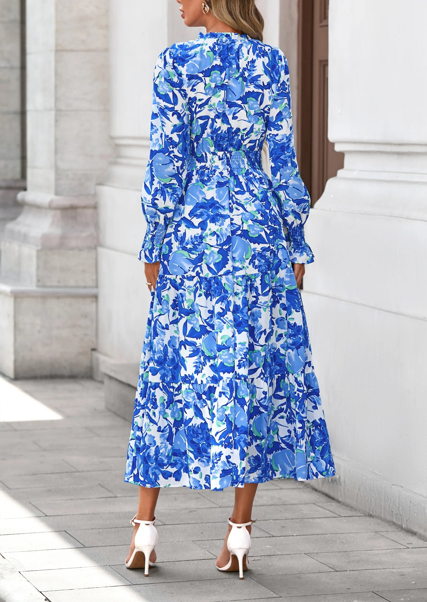 Women's Floral Maxi Dress Spring Long Sleeve V Neck Casual A Line Long Flowy Boho Party Dresses