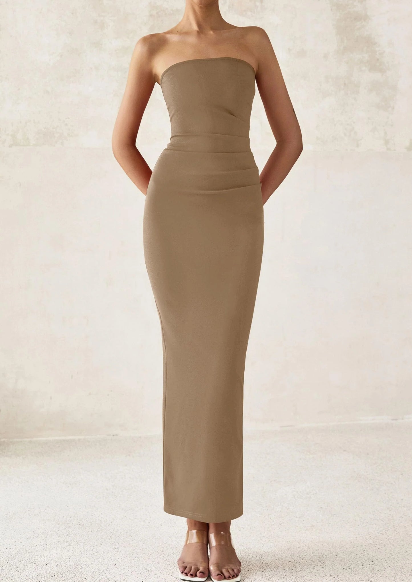 Women's Semi Formal Cocktail Dresses Strapless Tube Bodycon Ruched Evening Wedding Guest Maxi Dress