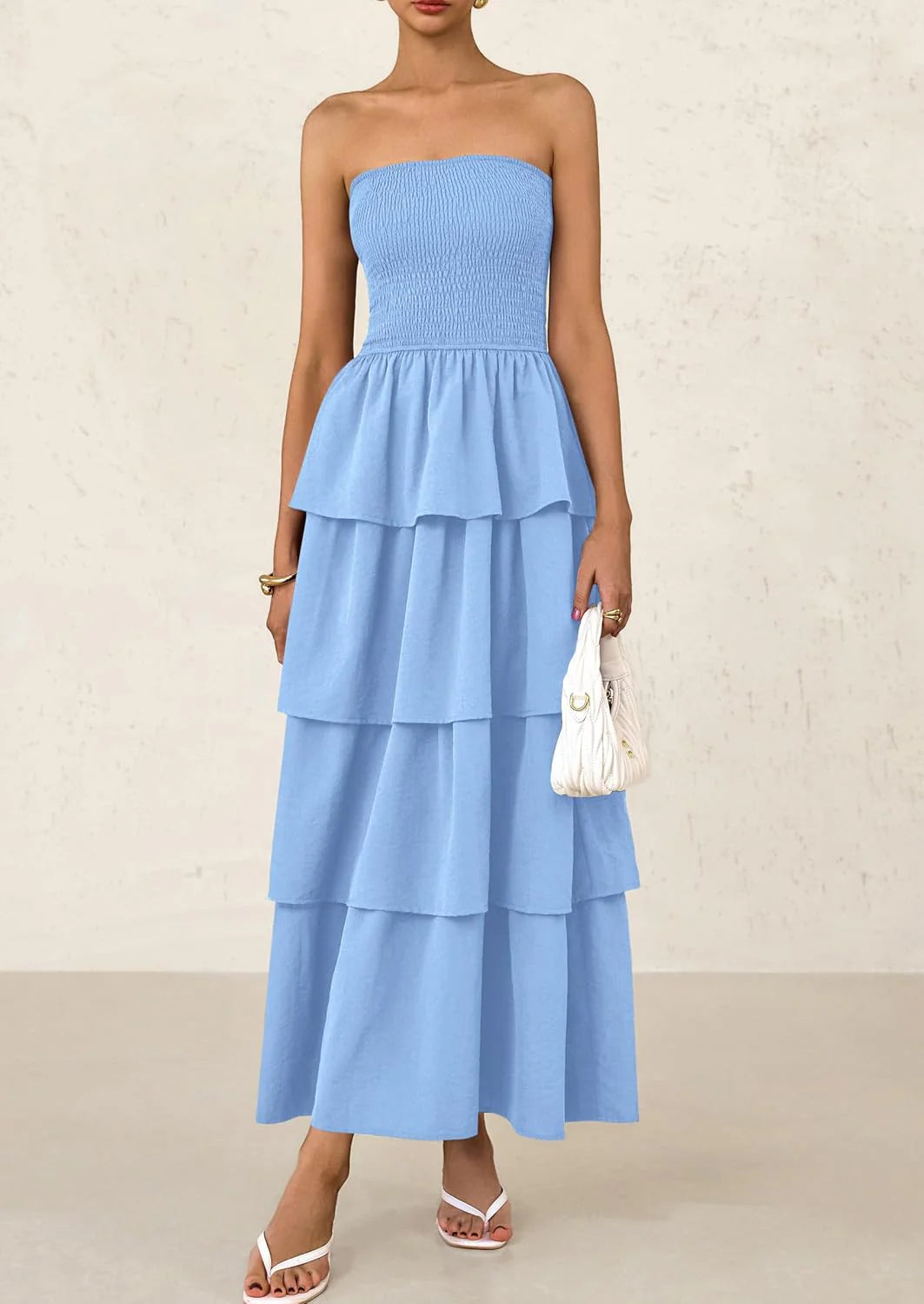 Maxi Dresses for Women Off Shoulder Smocked Tiered Ruffle Long Flowy Wedding Guest Dress