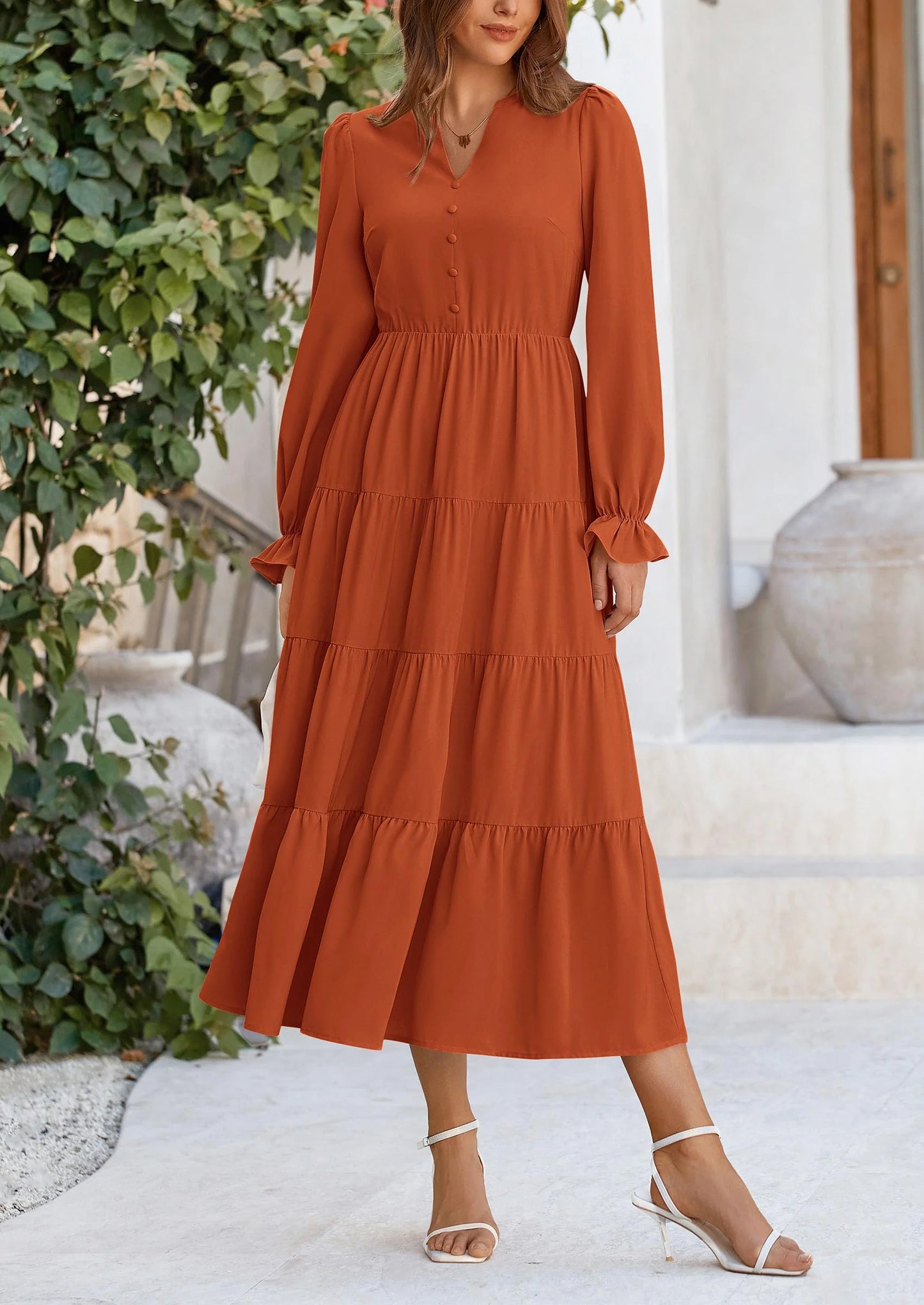Women Fall Long Sleeve Smocked Maxi Dress Casual Square Neck Swiss Dot Tiered Ruffle Flowy Spring Pocket Dresses