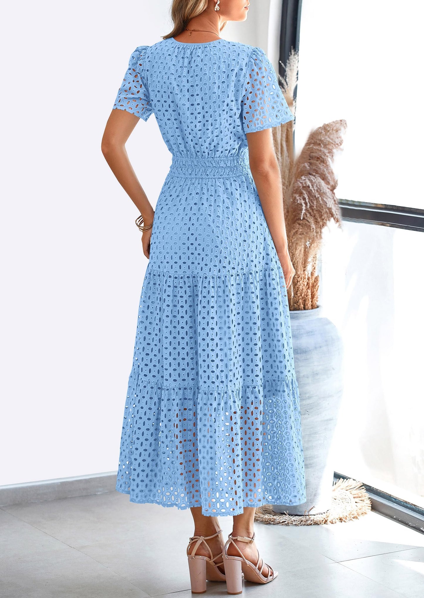 Womens Maxi Dress Short Sleeve V Neck Hollow Out Eyelet A Line Long Flowy Beach Vacation Dresses