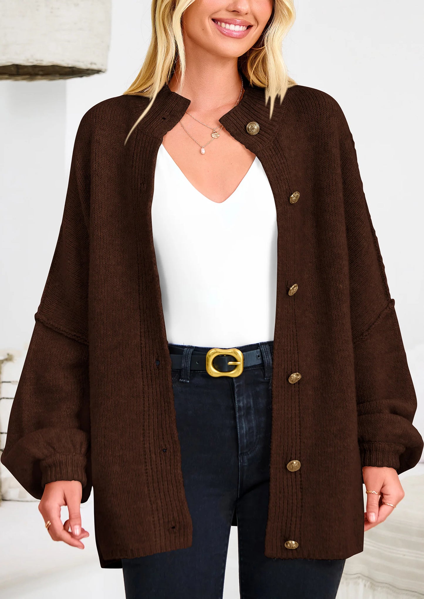 Women's Winter Button Down Cardigan Sweaters Mock Neck Lantern Long Sleeve Chunky Knit Jacket Trendy Outerwear