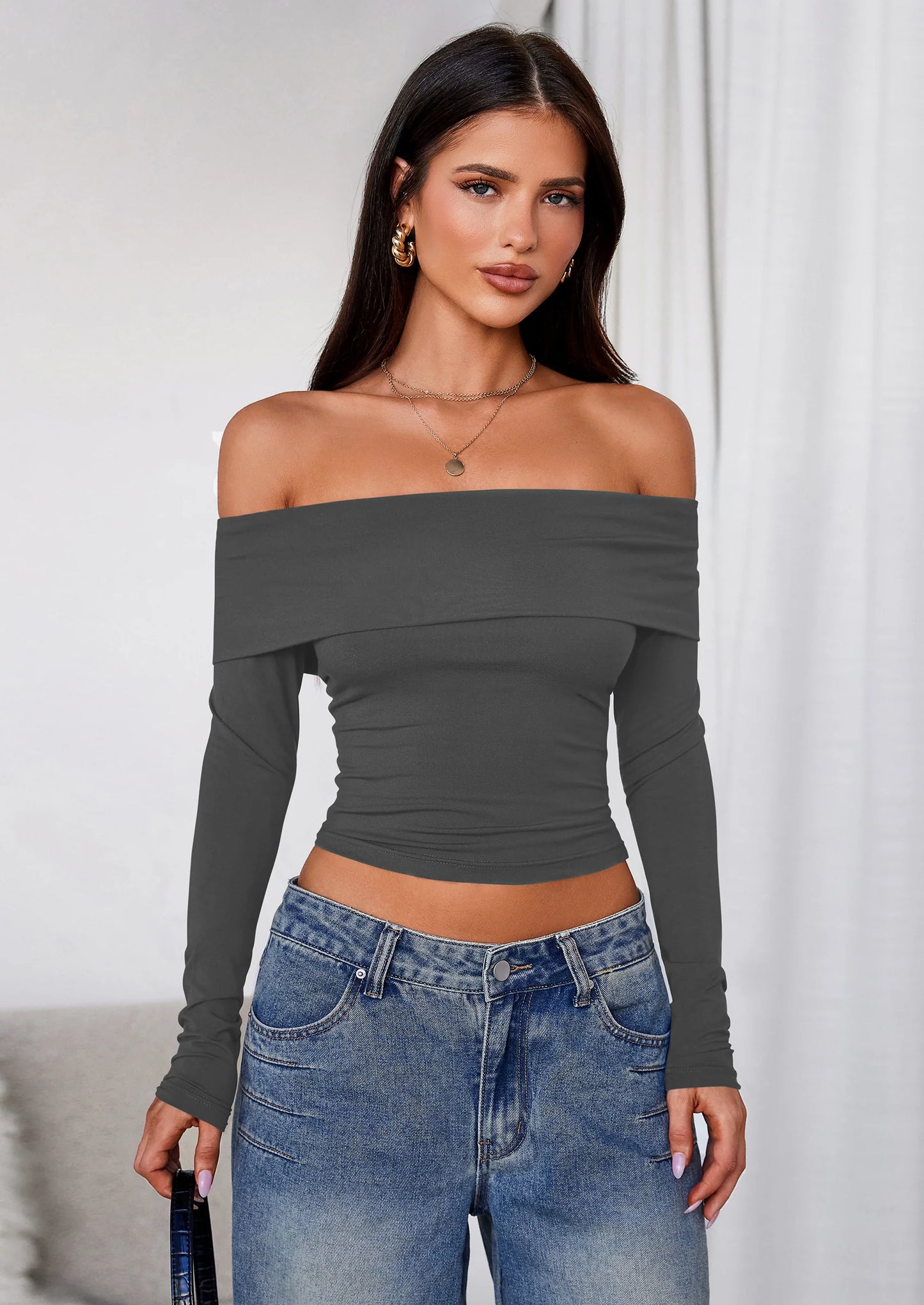 Off The Shoulder Tops for Women Long Sleeve Shirts Trendy Going Out Crop Top Spring Fashion Clothes