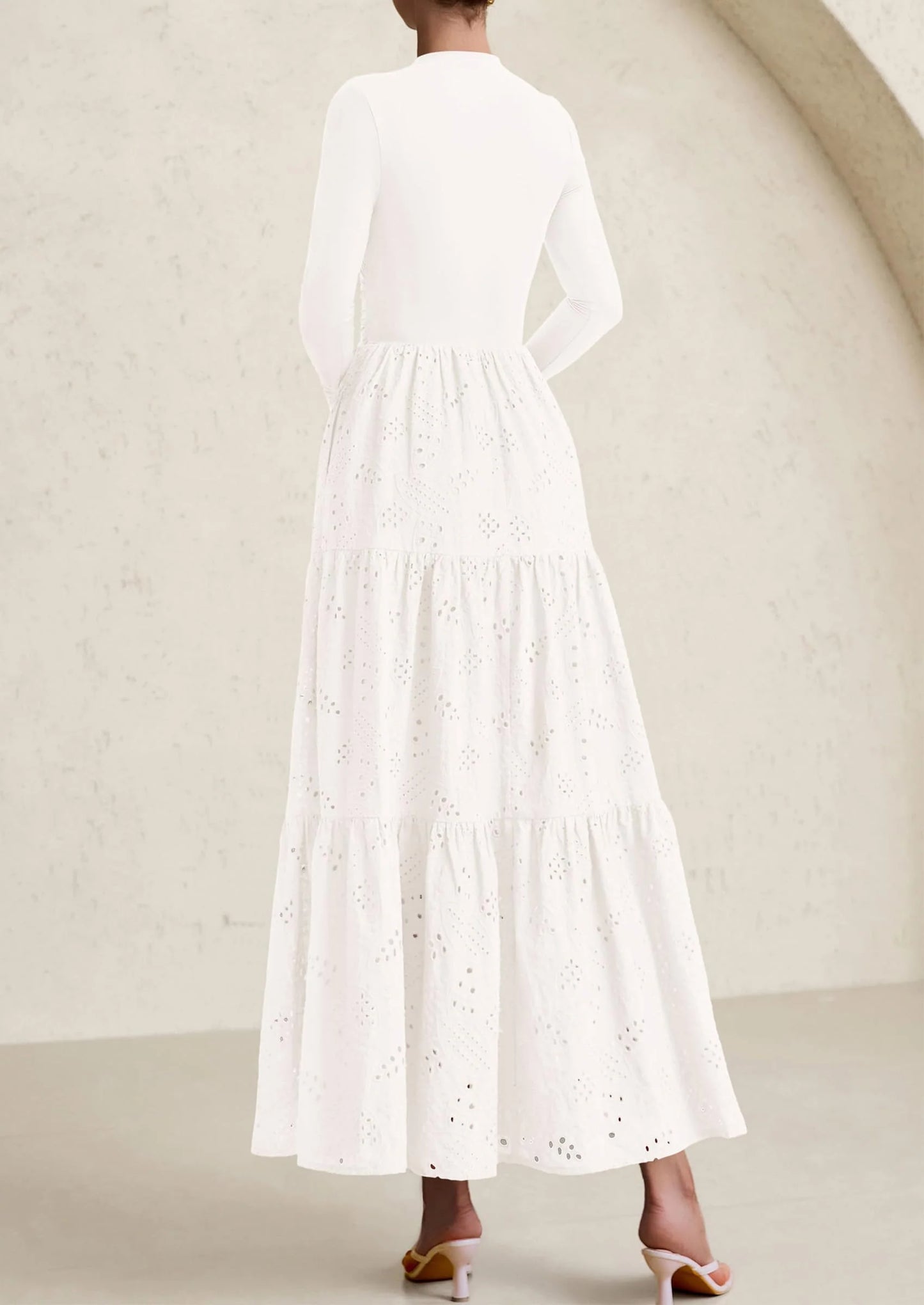 Long Sleeve Dress for Women Fall Eyelet Mock Neck A Line Elegant Classy Maxi Wedding Guest Dresses Pockets