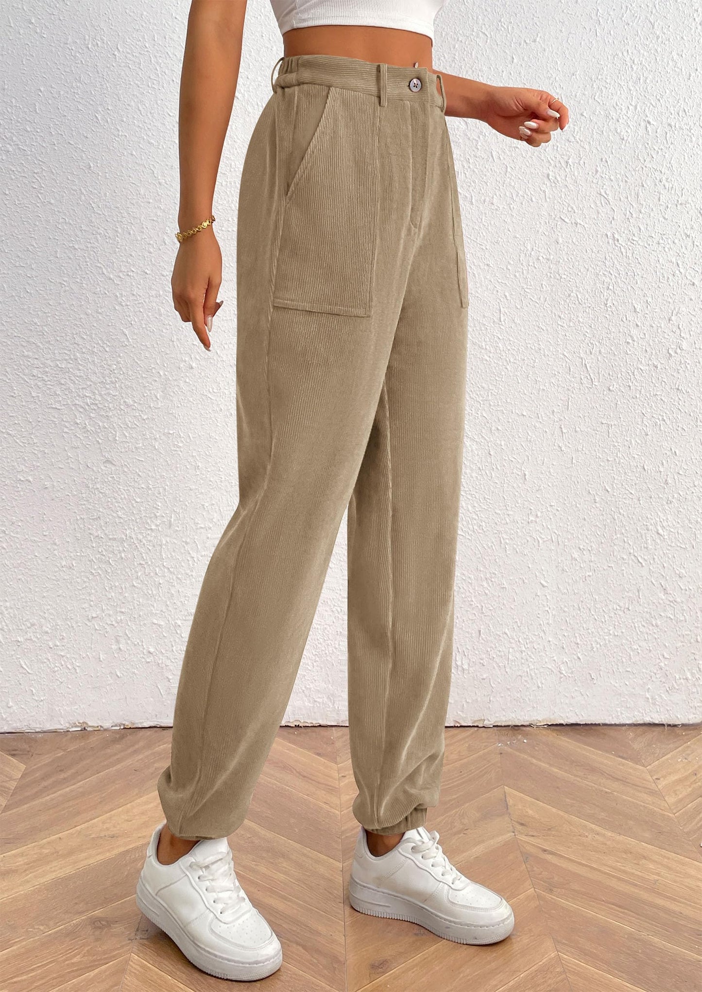Women's Pants Dressy Casual Fall Elastic High Waisted Work Office Corduroy Trouser Slacks with Pockets
